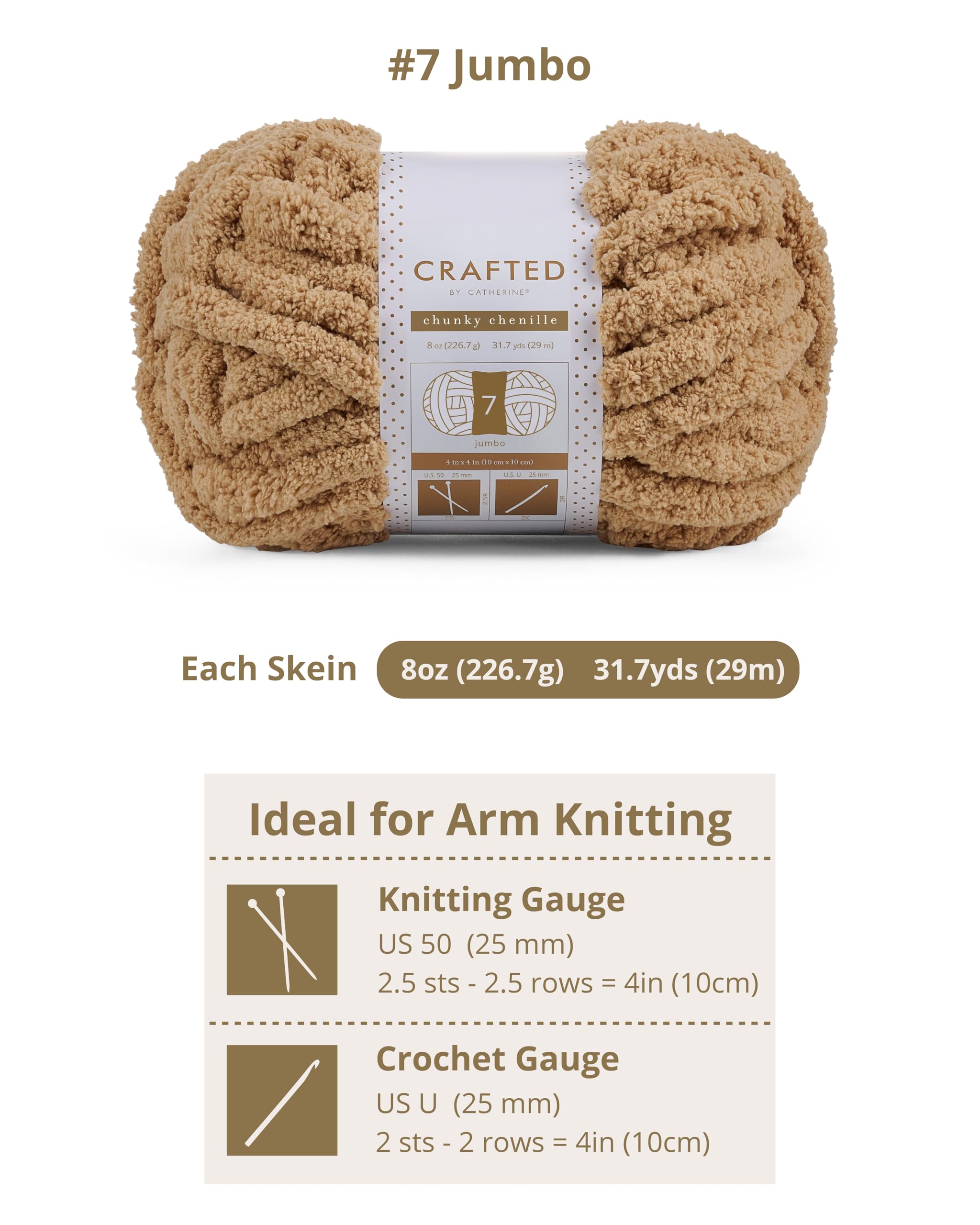 Crafted By Catherine Chunky Chenille Yarn - 2 Pack (8 oz / 227 g, 31.7 Yards Each Skein), Beige, Gauge 7 Jumbo