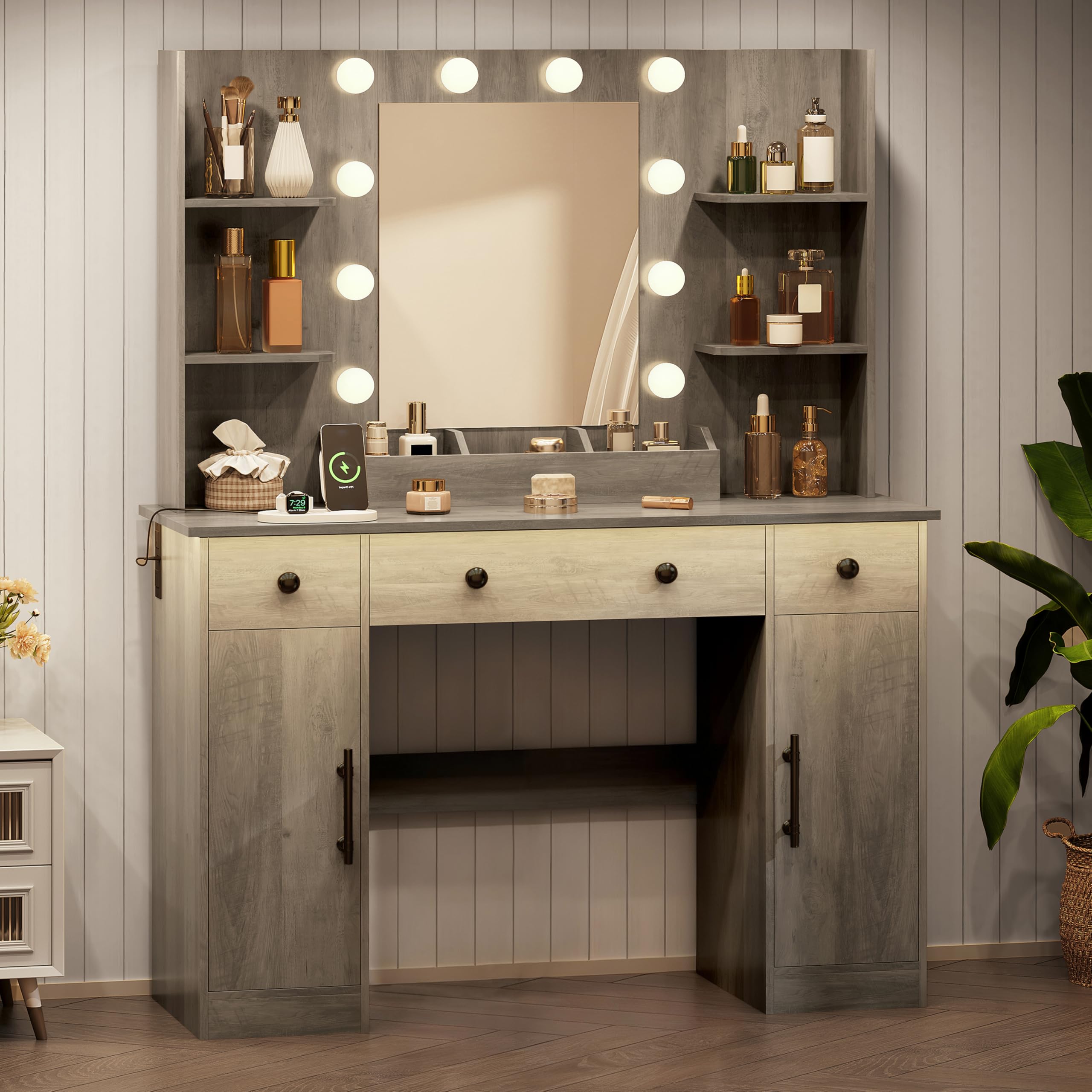 HUANLEGO Vanity Desk with Mirror and Lights, Makeup Vanity with Mirror and LED Lights & Power Outlet, 3 Drawers and Cabinets, 3 Lighting Modes Dressing Table Set for Girls Women Bedroom,Oak