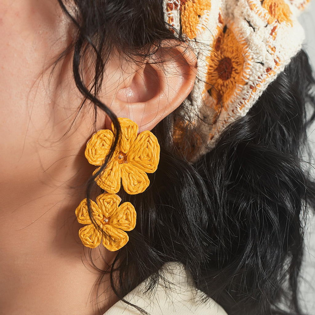 Boho Flower Earrings Statement Raffia Dangle Earrings Cute Floral Jewelry Trendy Summer Beach Vacation Outfits for Women