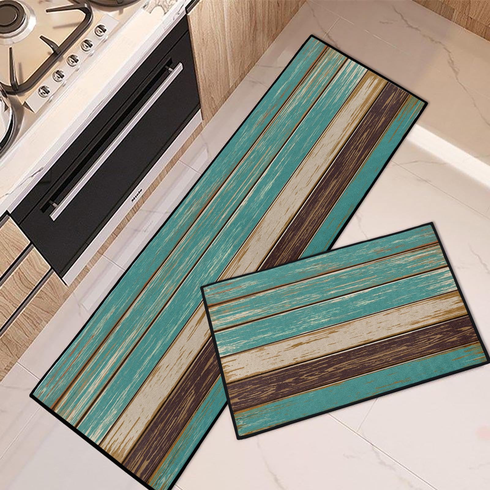 Blue Kitchen Rugs and Mats Non Skid Washable Set of 2, Grey White Modern Abstract Mats for Floor, Geometric Painting Runner Rug Graffiti Art Kitchen Decor