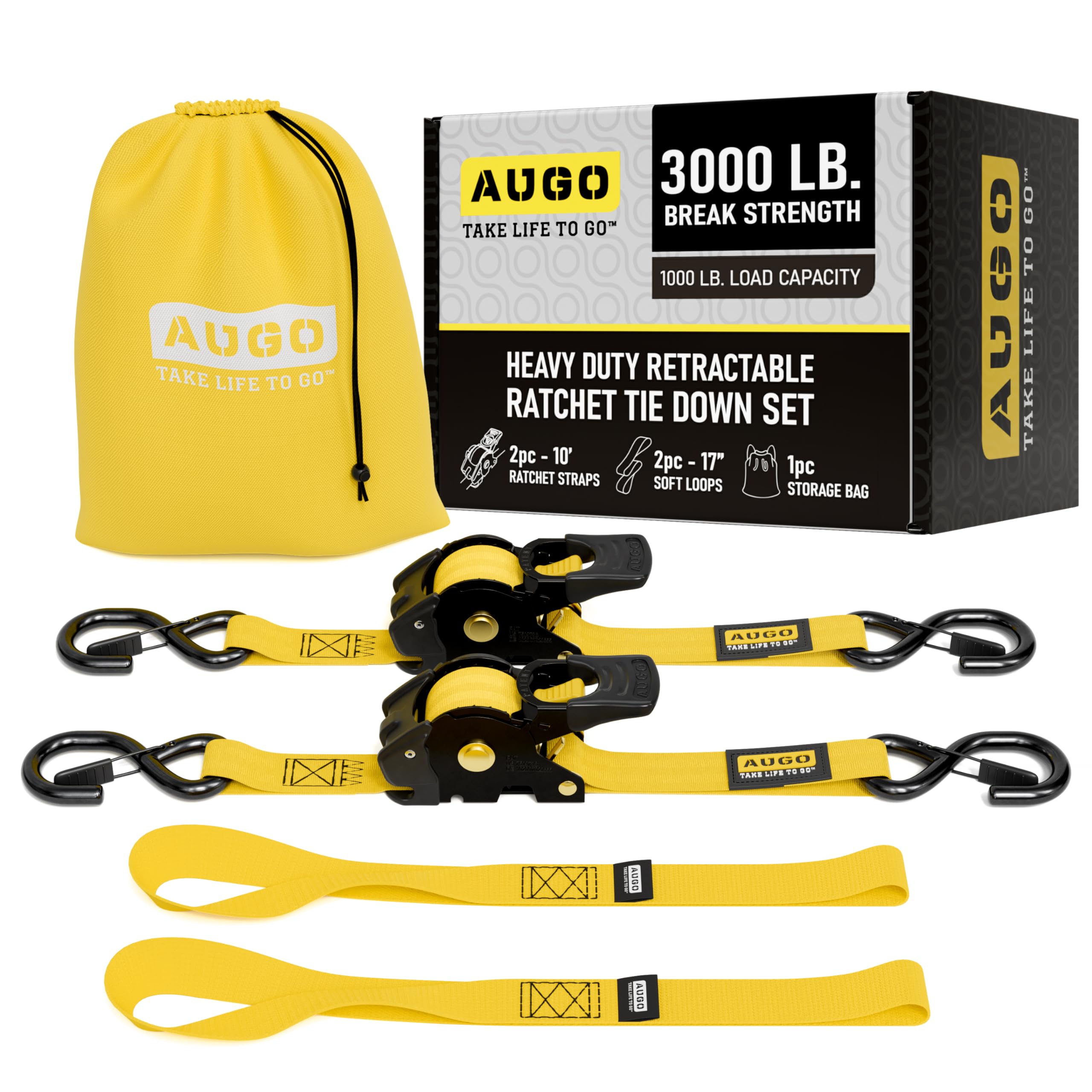 AUGO Retractable Ratchet Straps | 2 Heavy Duty Ratchet Straps Self Retractable Tie Downs with Soft Loops & Storage Bag for Motorcycle, Truck, Trailer, Cargo Van | 1200 Lb Break Strength 1” x 10’