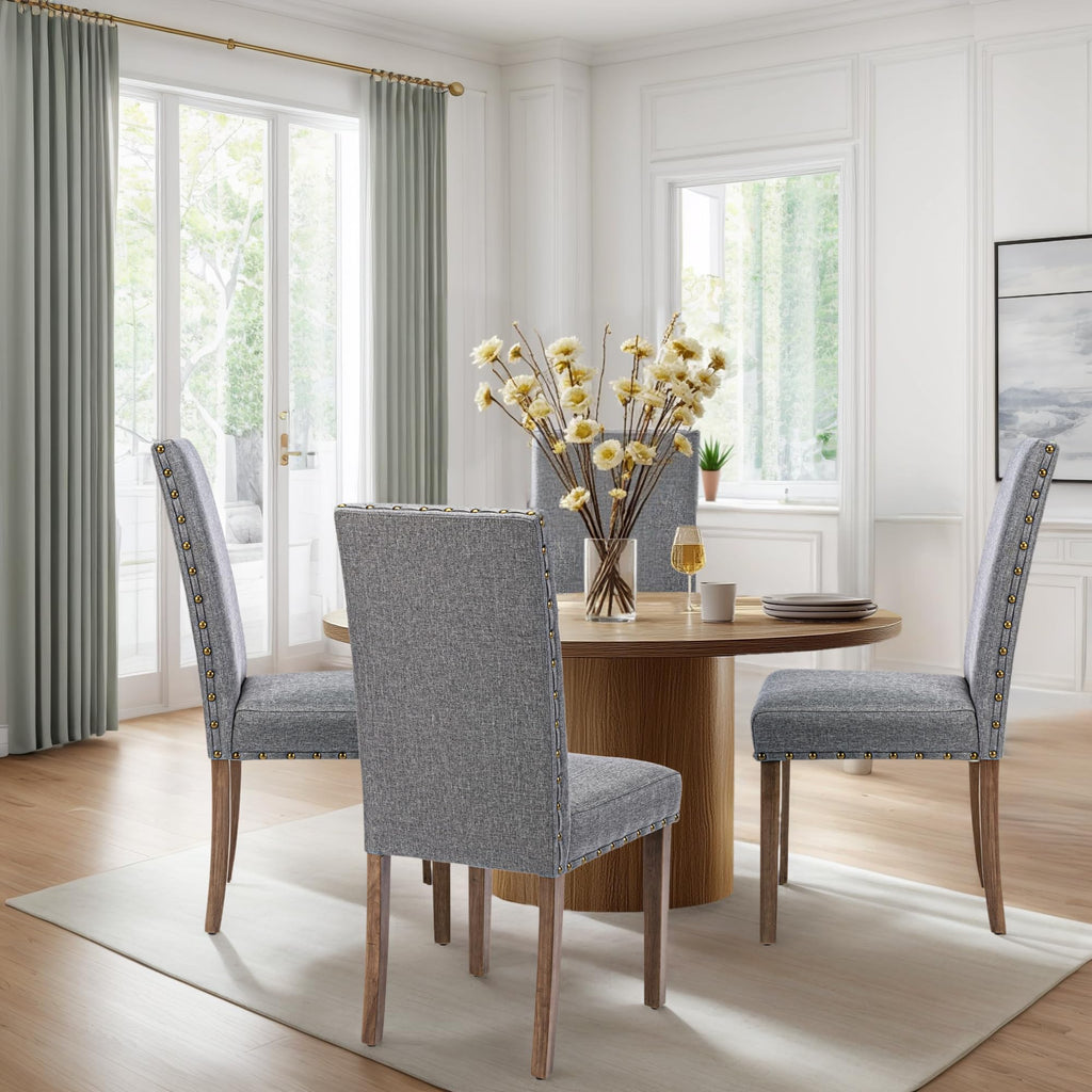 Upholstered Dining Chair Modern Stylish Parsons Kitchen Diner High Back with Bronze Nailhead Trim & Wood Legs, Set of 2, Grey