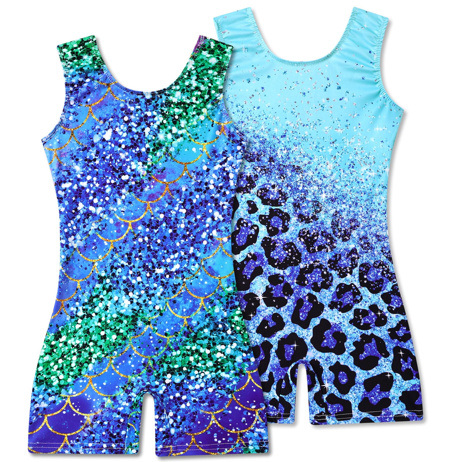 2 Packs Gymnastics Leotards for Girls Mermaid Leopard Dance Leotard Kids Biketard with Shorts
