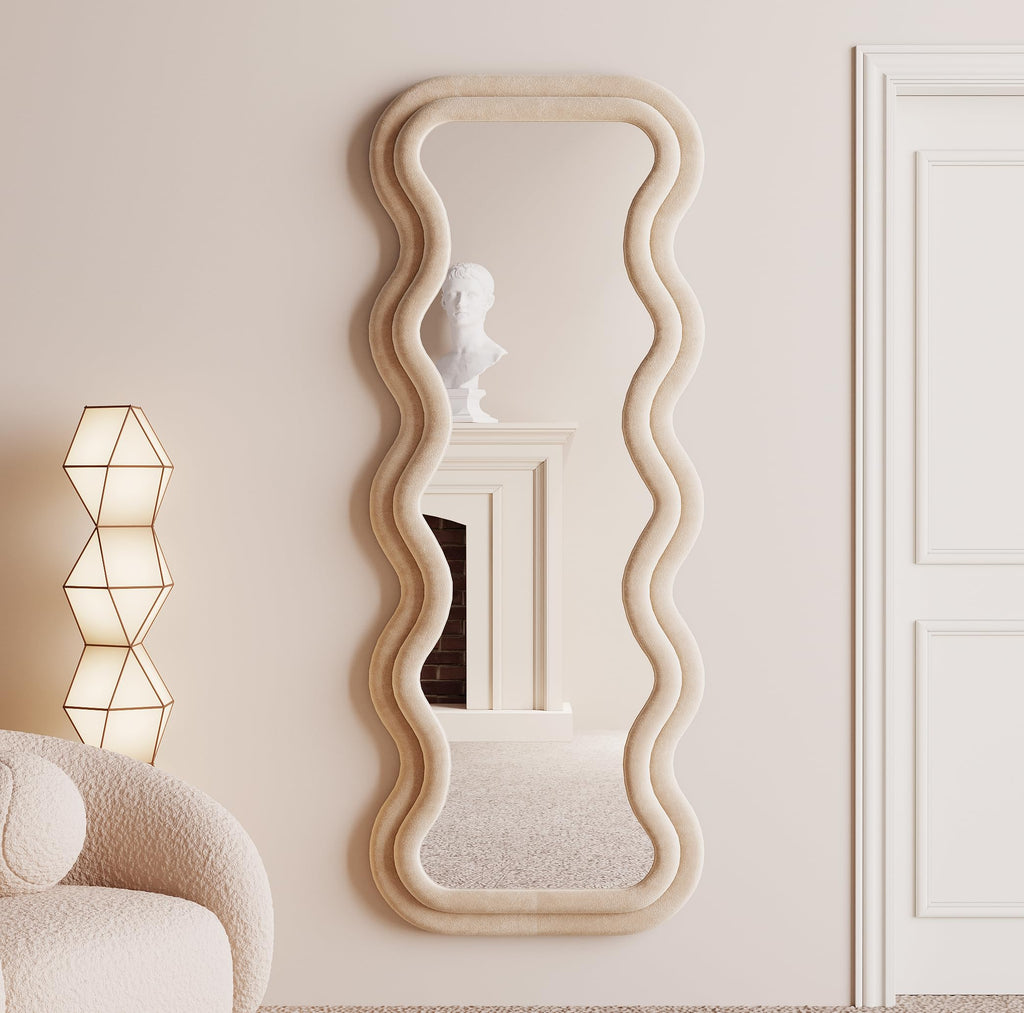 BOJOY Full Length Mirror, 63" x 24" Wall Mirror, Flannel Wrapped Wooden Frame Floor Mirror, Irregular Wavy Mirror Hanging or Leaning Against Wall for Cloakroom/Bedroom/Living Room, Black