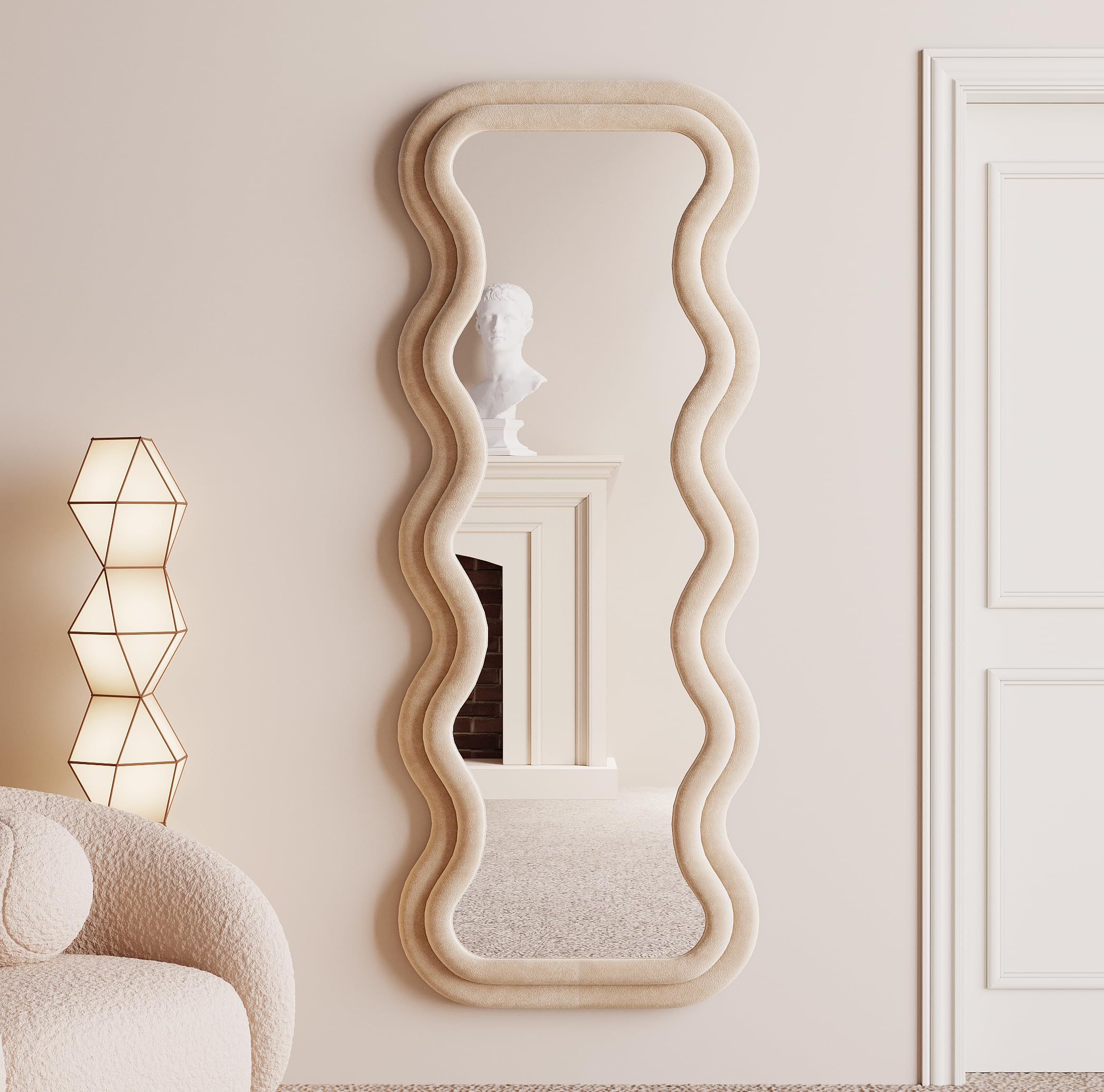 BOJOY Full Length Mirror, 63" x 24" Wall Mirror, Flannel Wrapped Wooden Frame Floor Mirror, Irregular Wavy Mirror Hanging or Leaning Against Wall for Cloakroom/Bedroom/Living Room, Black