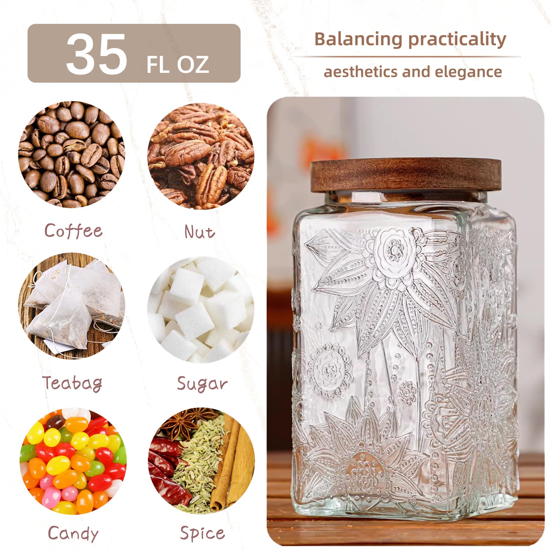 Custde Glass Storage Jars With Airtight Lid, 23.7oz Container For Kitchen Counter with Wooden Lid, brown sugar, candy, coffee, cookie, salt, tea, cute Jar (35oz Large Begonia Flowers)