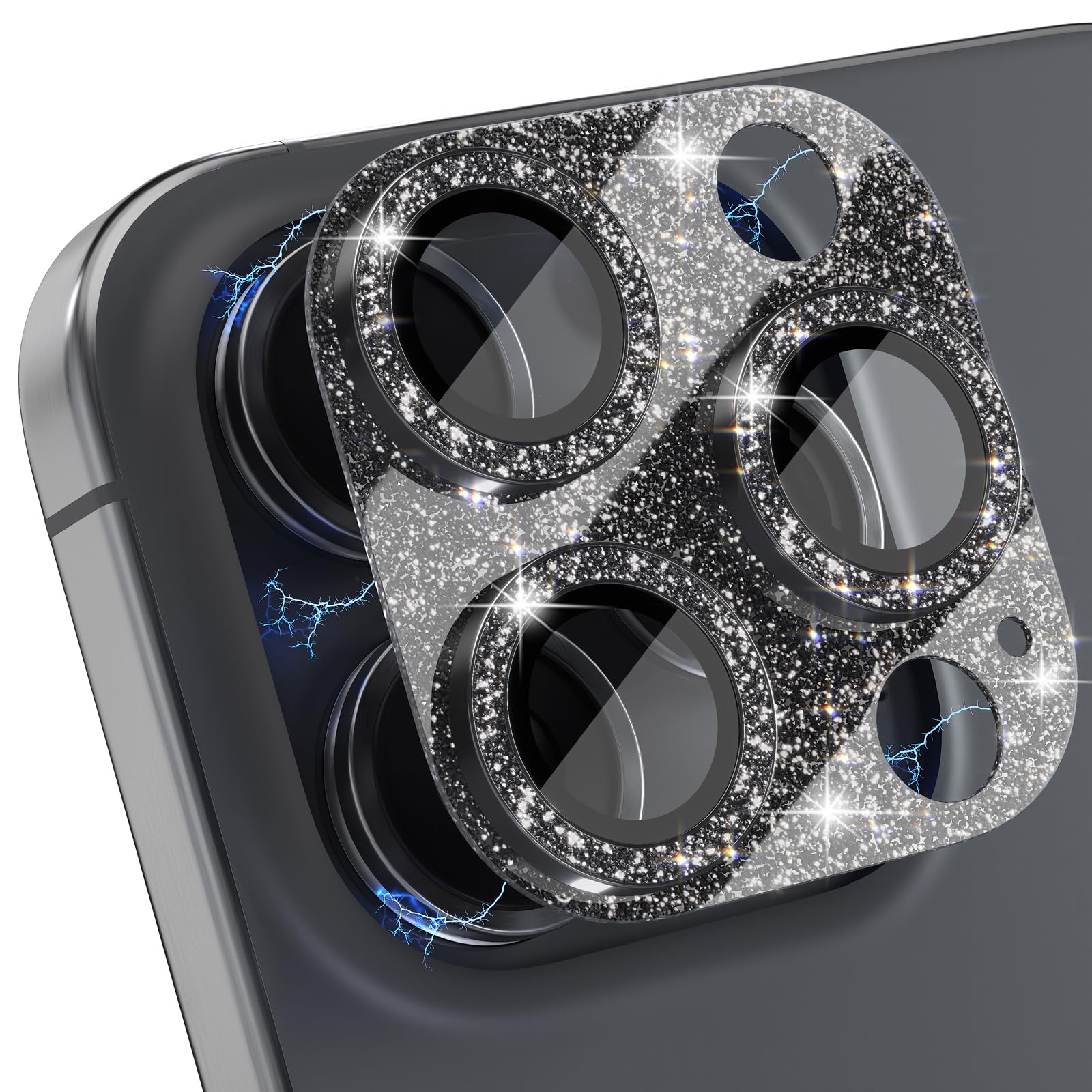 Choiche Compatible for iPhone 16 Pro/iPhone 16 Pro Max Camera Lens Protector, Bling Camera Cover with 9H Tempered Glass Lens Screen Protector Metal Ring Decoration Accessories(Black)