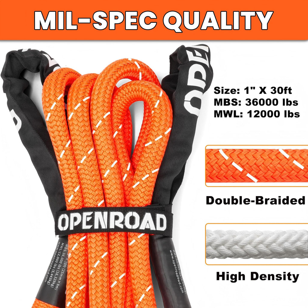 OPENROAD Kinetic Recovery Tow Rope, 4800 LBS (1in x 30ft with Soft Shackle) Extreme Duty 35% Elasticity Energy Offroad Snatch Strap, Vehicle Recovery Kit for Jeep Car Truck ATV UTV SUV