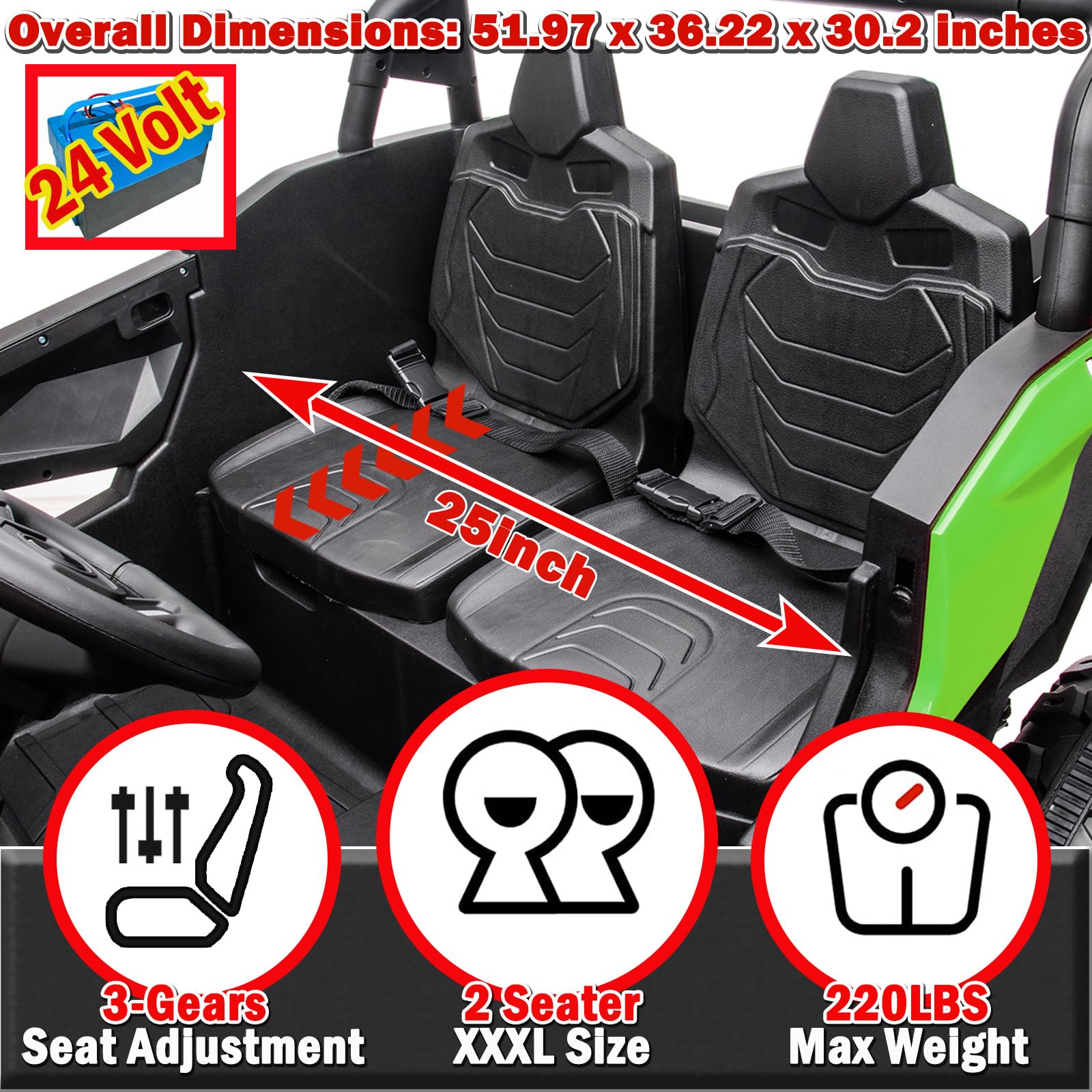 NEWQIDA XXXL 24V Ride On Toys for Big Kids UTV 2 Seater Electric Car w/Remote Control, 4WD Off-Road Side by Side, Max 220lbs, 24.8" Spacious Seat, EVA Tires, Up to 5.6 MPH, Rear Shock Absorbor, Black