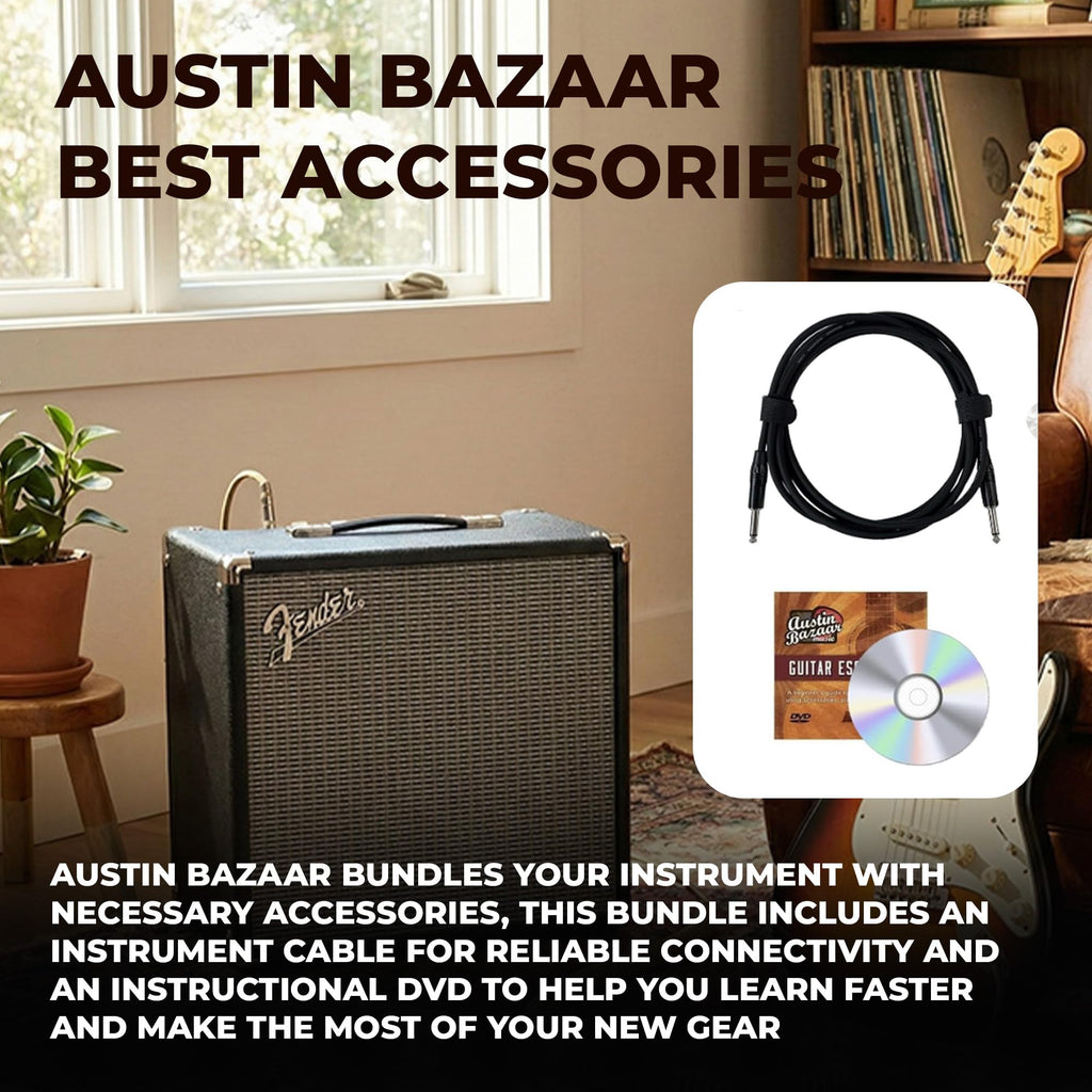 Fender Rumble 15 Bass Guitar Combo Amplifier Bundle with Instrument Cable and Austin Bazaar Instructional DVD