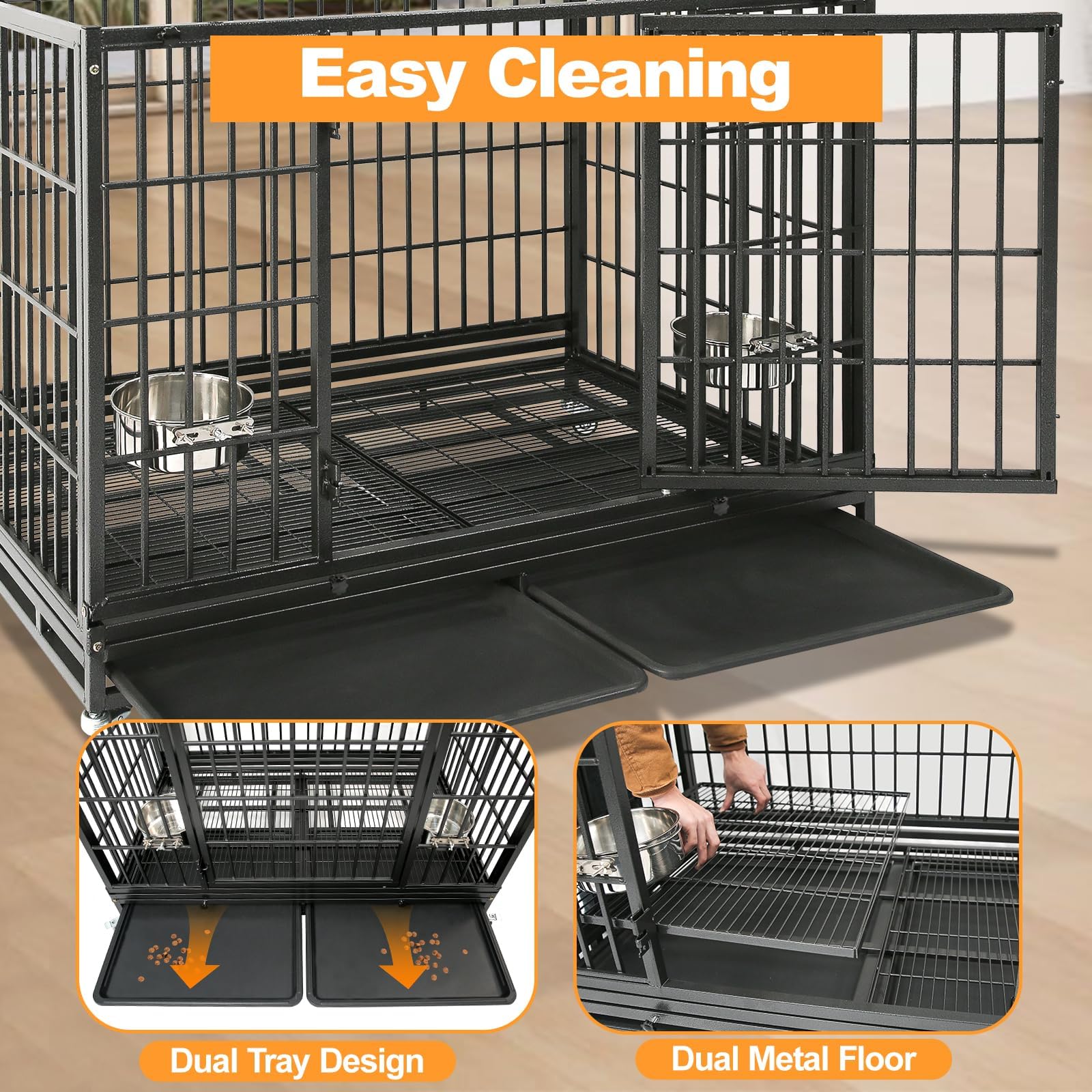 Homey Pet 37 inch Stackable Heavy Duty Dog Crate, Indestructible Escape Proof Dogs Cage Kennel with Lockable Wheels, Removable Tray & Metal Grid, Double Doors for High Anxiety Medium/Small Dogs