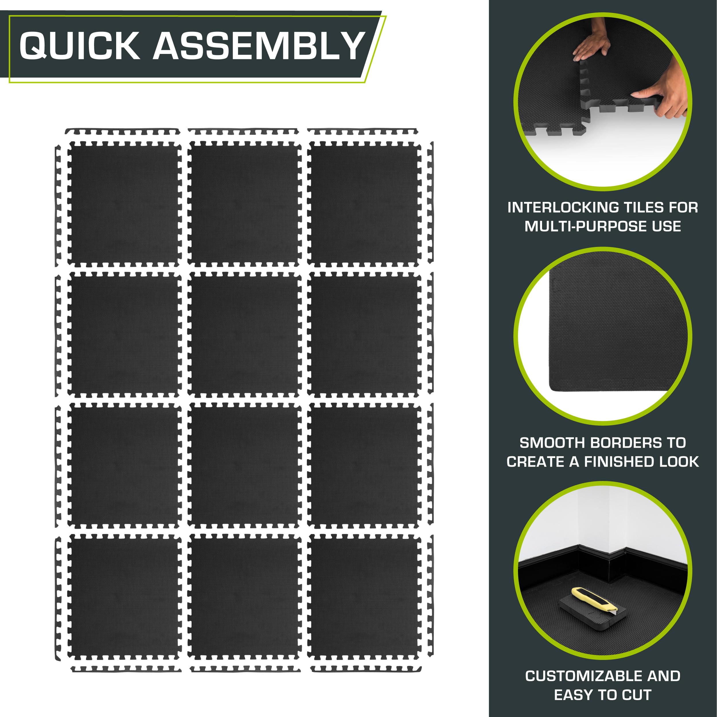 ProsourceFit Weaved Pattern Extra Thick Exercise Puzzle Mat 1-inch, EVA Foam Interlocking Tiles for Protective, Cushioned Flooring for Home and Gym Equipment; Black, 72 SQ FT, 18 Tiles
