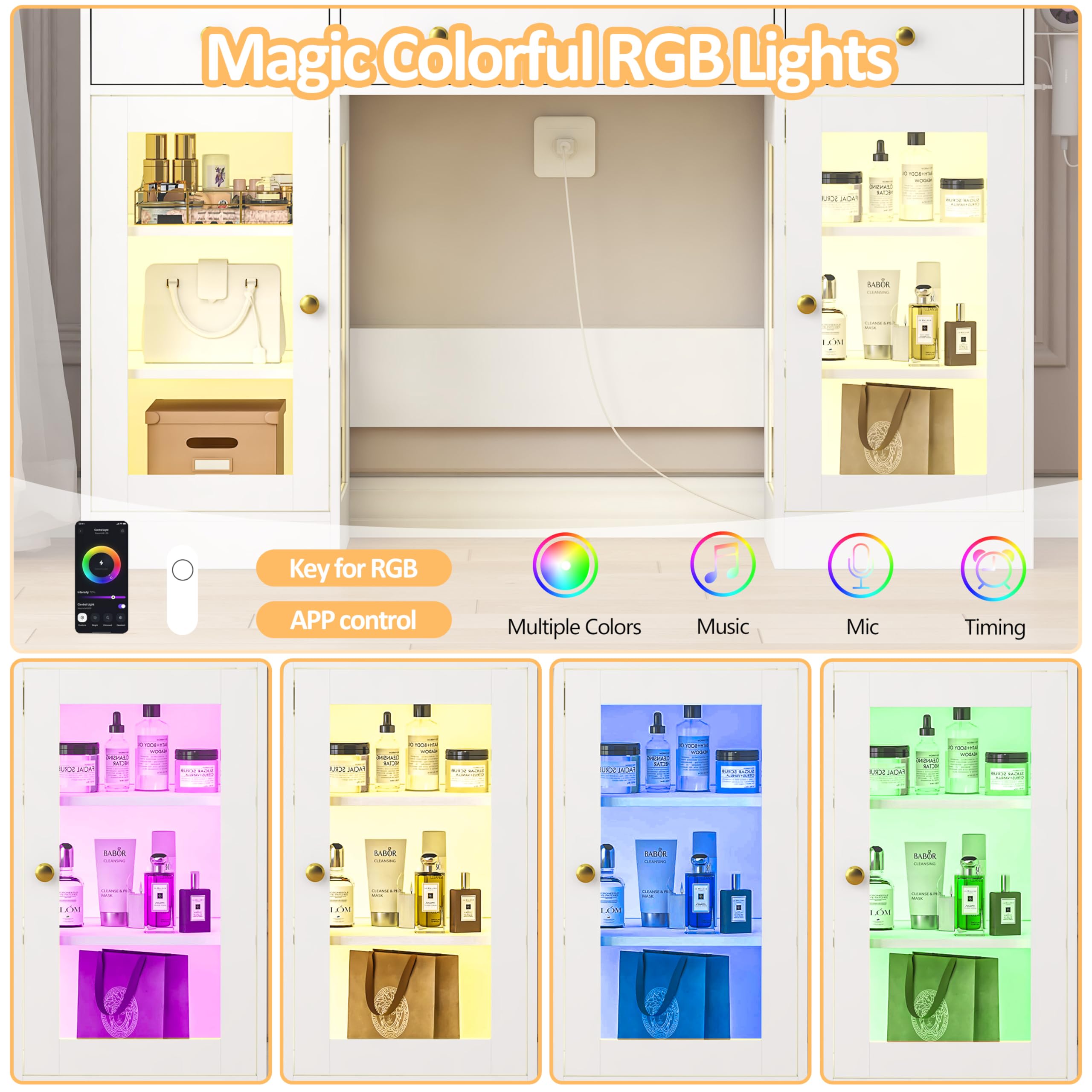 HUANLEGO Vanity Desk with Mirror and Lights, Makeup Vanity with Mirror and LED Lights & Power Outlet, 3 Drawers and Cabinets, 3 Lighting Modes Dressing Table Set for Girls Women Bedroom,Oak
