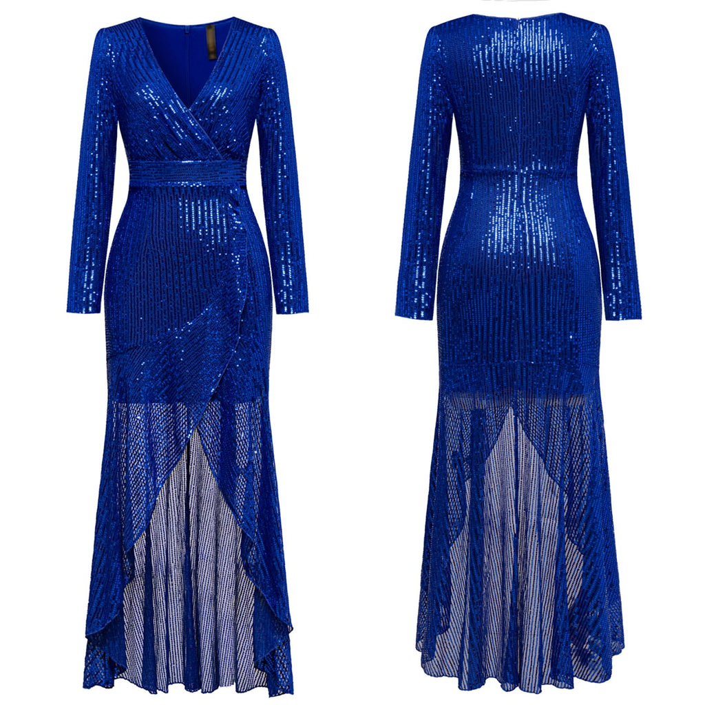 COOAN Women's Long Sequin Formal Dresses Long-Sleeve Cocktail Wedding Guest Dresses Elegant V Neck Party Gowns