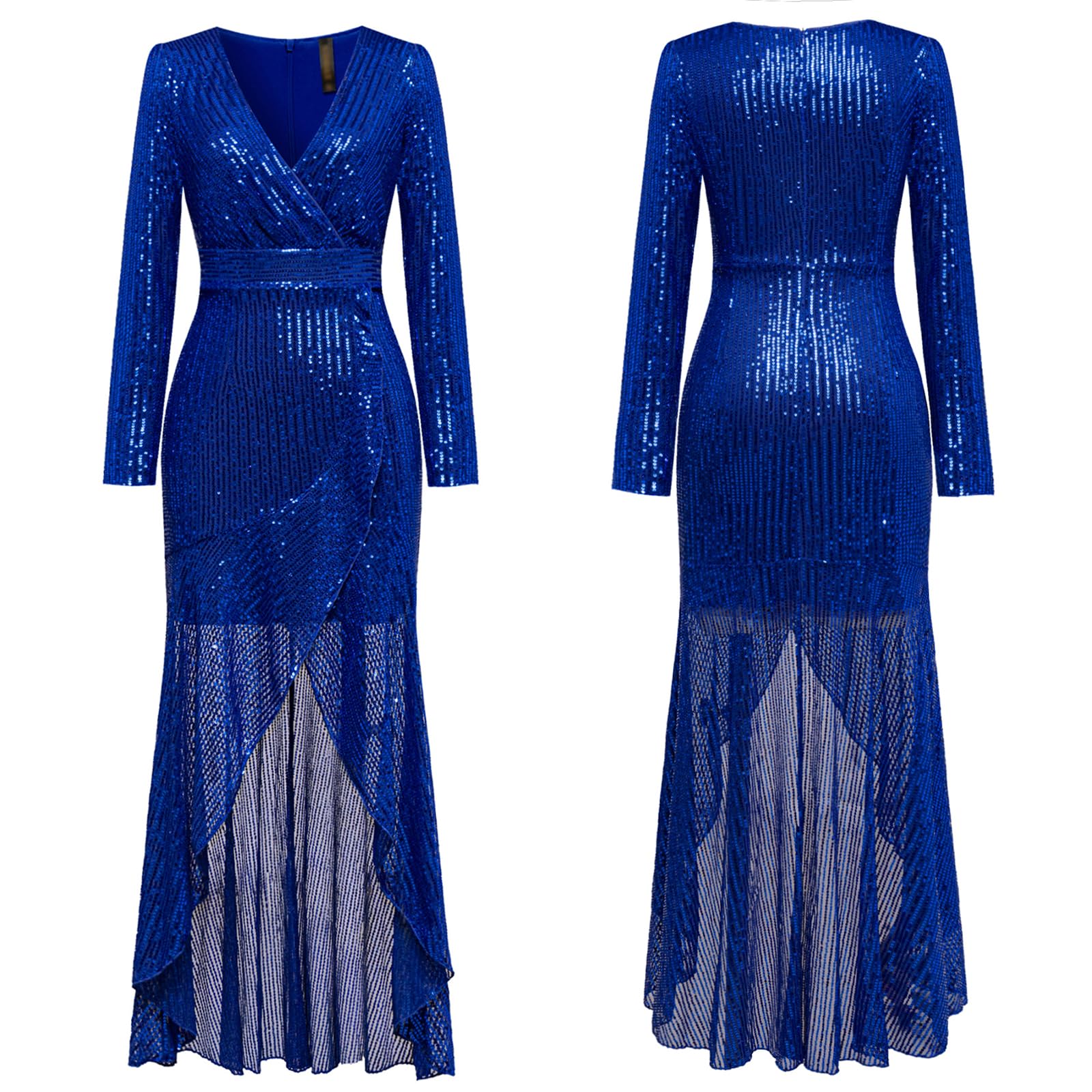 COOAN Women's Long Sequin Formal Dresses Long-Sleeve Cocktail Wedding Guest Dresses Elegant V Neck Party Gowns
