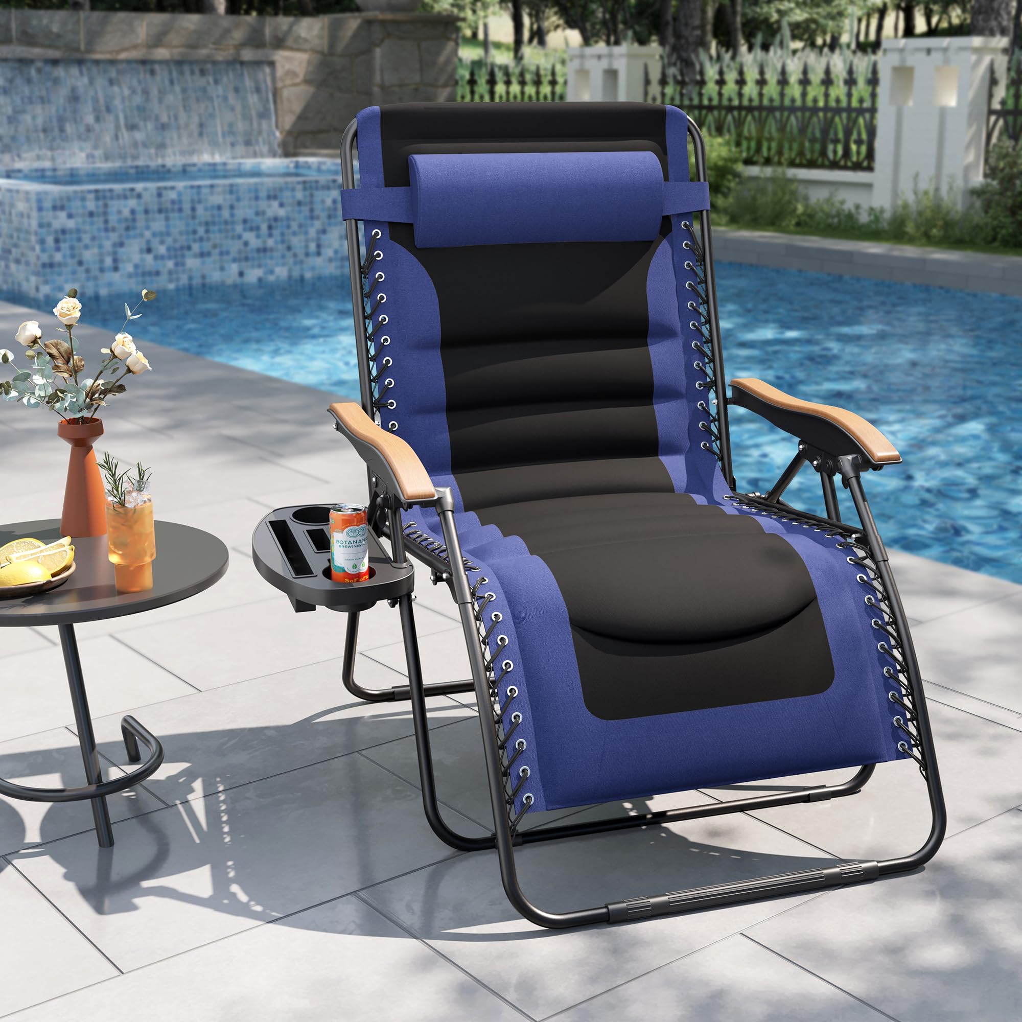 PHI VILLA XXL Oversized Padded Zero Gravity Chair Set of 2, Foldable Patio Recliner, 30" Wide Seat Anti Gravity Lounger with Armrest and Cup Holder, Support 400 LBS (Aqua Blue)