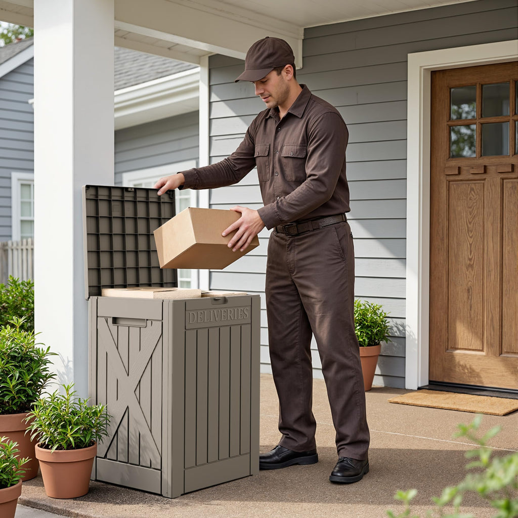 Flamaker Deck Box 30 Gallon, Waterproof Resin Small Storage Box with Lid, Outdoor Patio Furniture Cushion Garden Tool Organizer, Lockable Package Delivery Box for Porch Balcony (Black)