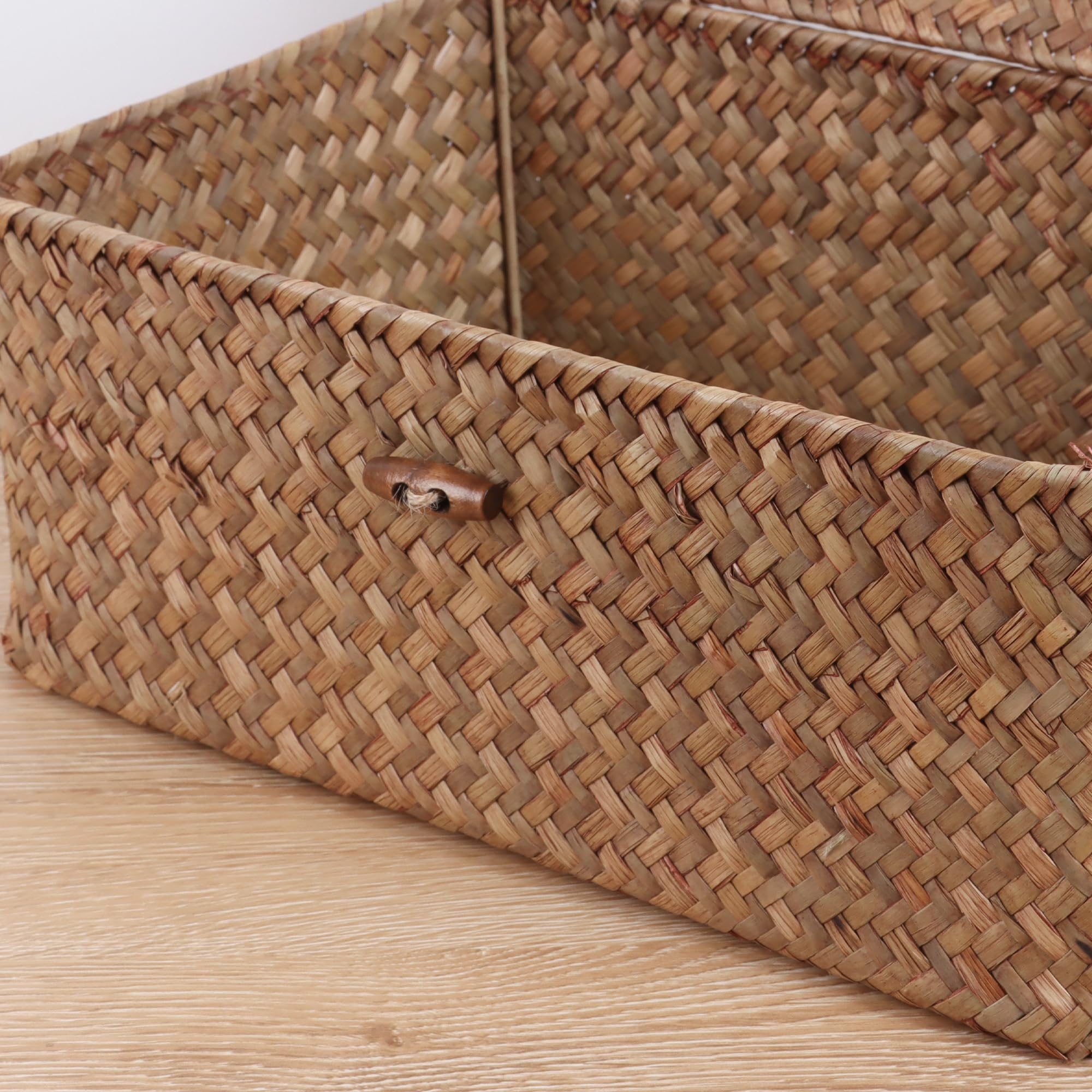 FEIALNDUO Wicker Shelf Baskets with Lid,Seagrass Storage Basket Bins Rectangular Handwoven Basket Boxes for Shelves Desktop Home Organizer (Coffee, X-Small)