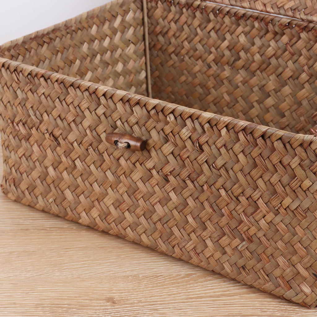 FEIALNDUO Wicker Shelf Baskets with Lid,Seagrass Storage Basket Bins Rectangular Handwoven Basket Boxes for Shelves Desktop Home Organizer (Coffee, X-Small)