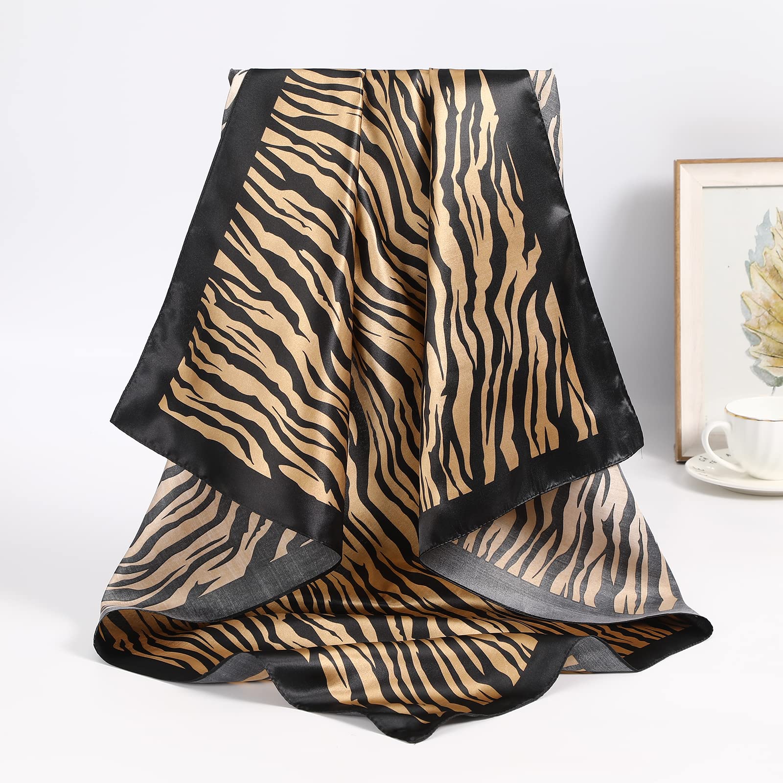 AWAYTR 35” Large Satin Square Head Scarf - 2Pcs Silk Like Floral Head Scarves Square Satin Hair Scarf Bandanas for Women