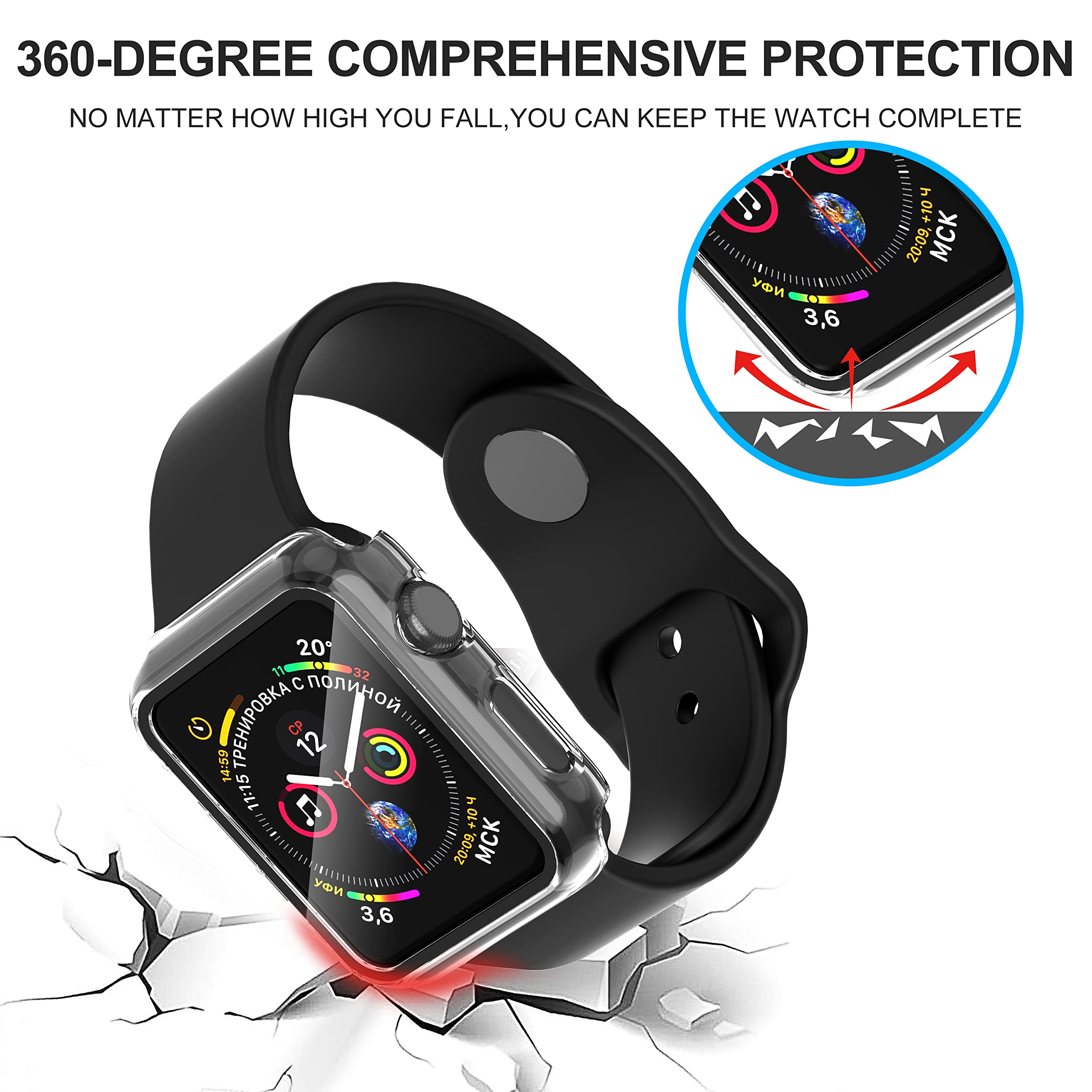 Diruite 2-Pack for Apple Watch Series 3/2/1 38mm Case, Ultra-Thin All-Around Tempered Glass Screen Protector Protection Cover for iWatch 38mm - Black