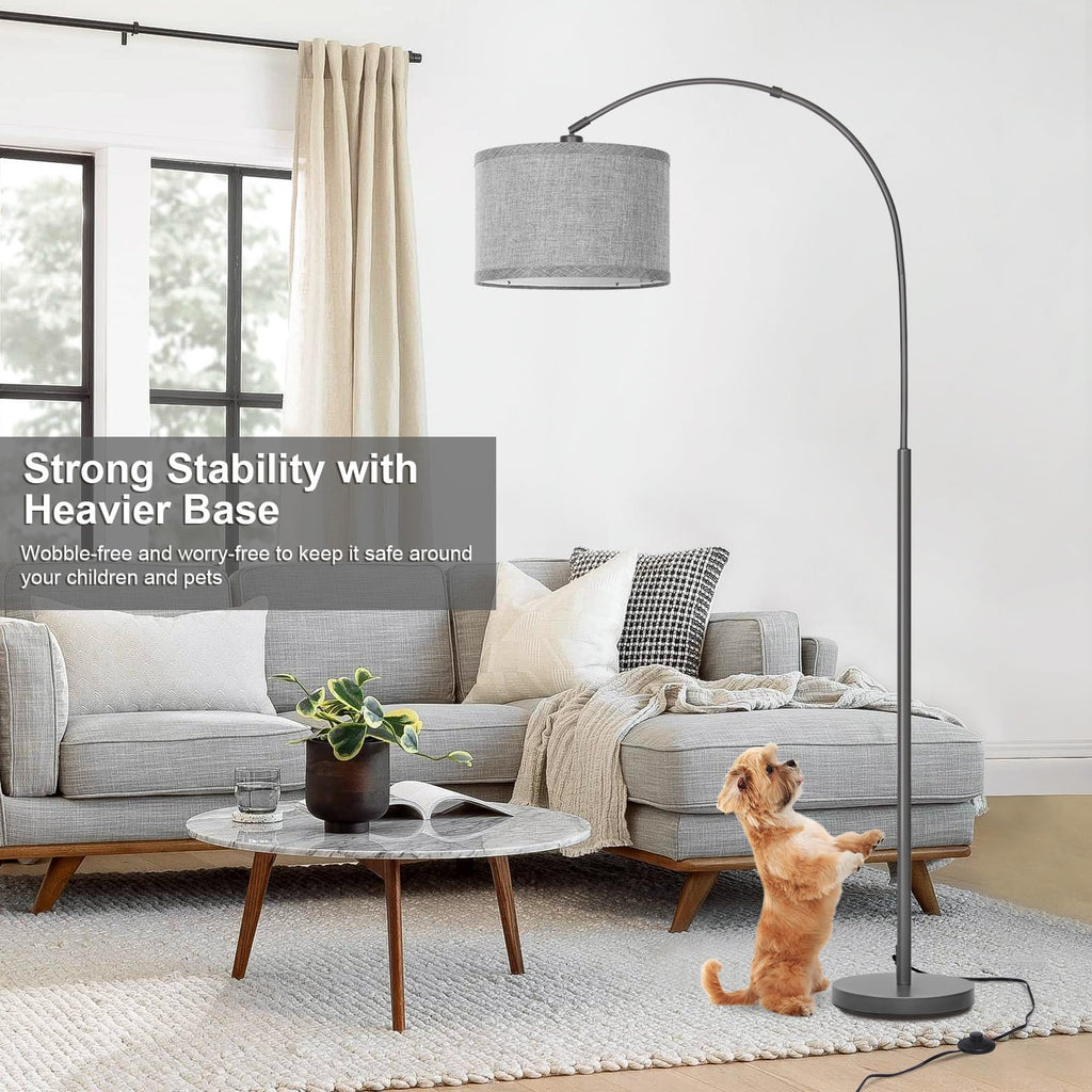 Rattan Floor Lamp, Arc Floor Lamps for Living Room, Farmhouse Standing Lamp with Adjustable Hanging Fabric Shade, Tall Pole Lamp with Foot Switch, Over Couch Arched Reading Light for Bedroom, Office