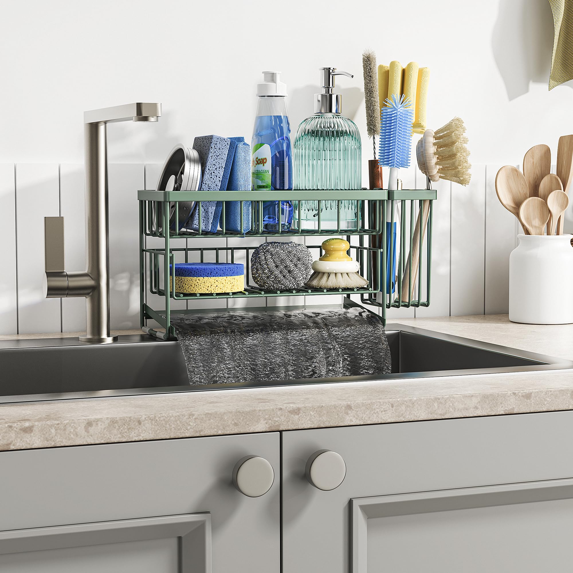 Cisily 2-Tier Kitchen Sink Caddy Organzier Rack with Dish Brush Sponge Holder | Kitchen Sink Countertop Organization Storage,Home Decor Accessories Essentials Stainless Steel