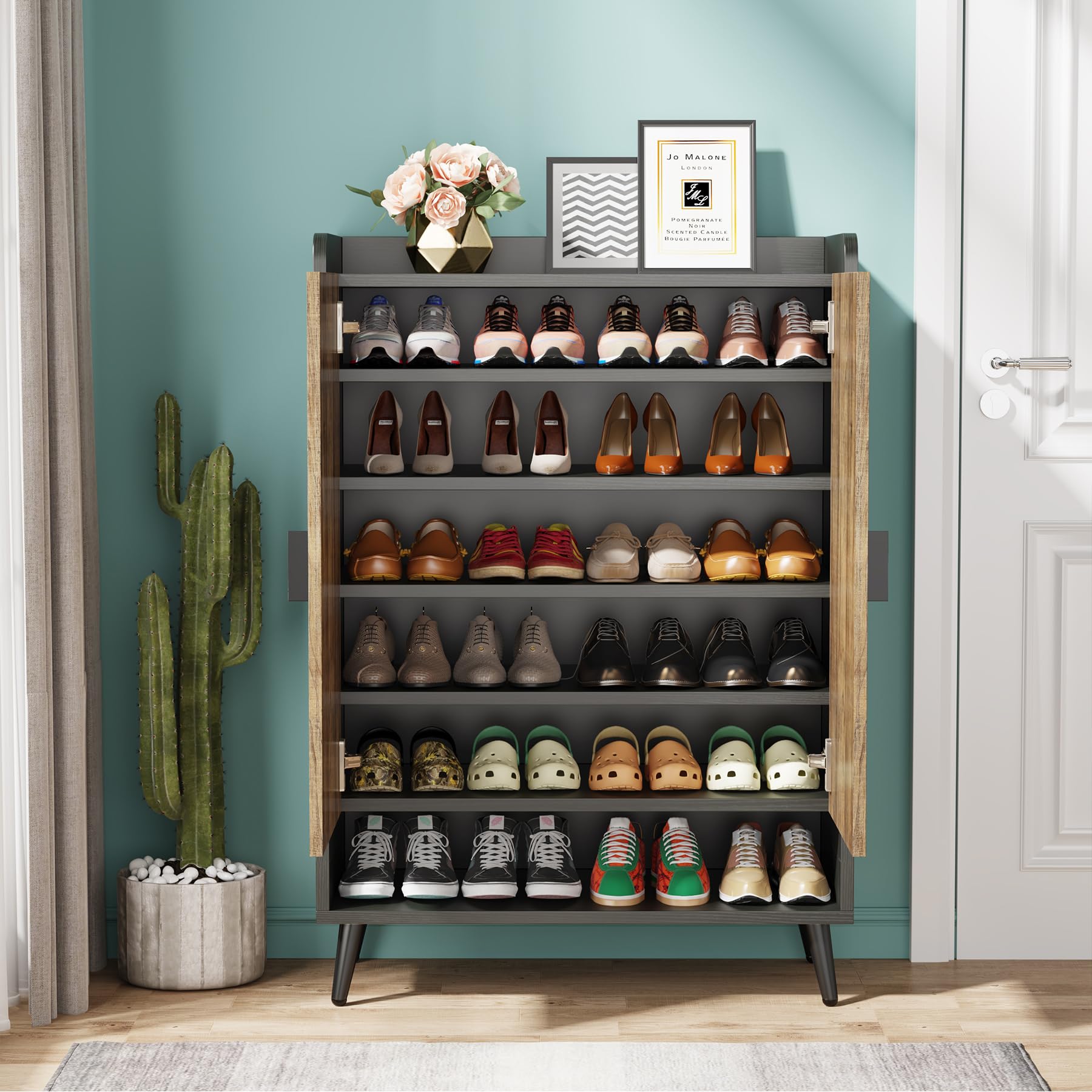 Tribesigns Shoe Cabinet with Doors, 7-Tier Shoe Storage Cabinet with Adjustable Shelves, Wooden Shoes Rack Shoe Storage Organizer for Entryway, Hallway, Closet, Living Room, Black