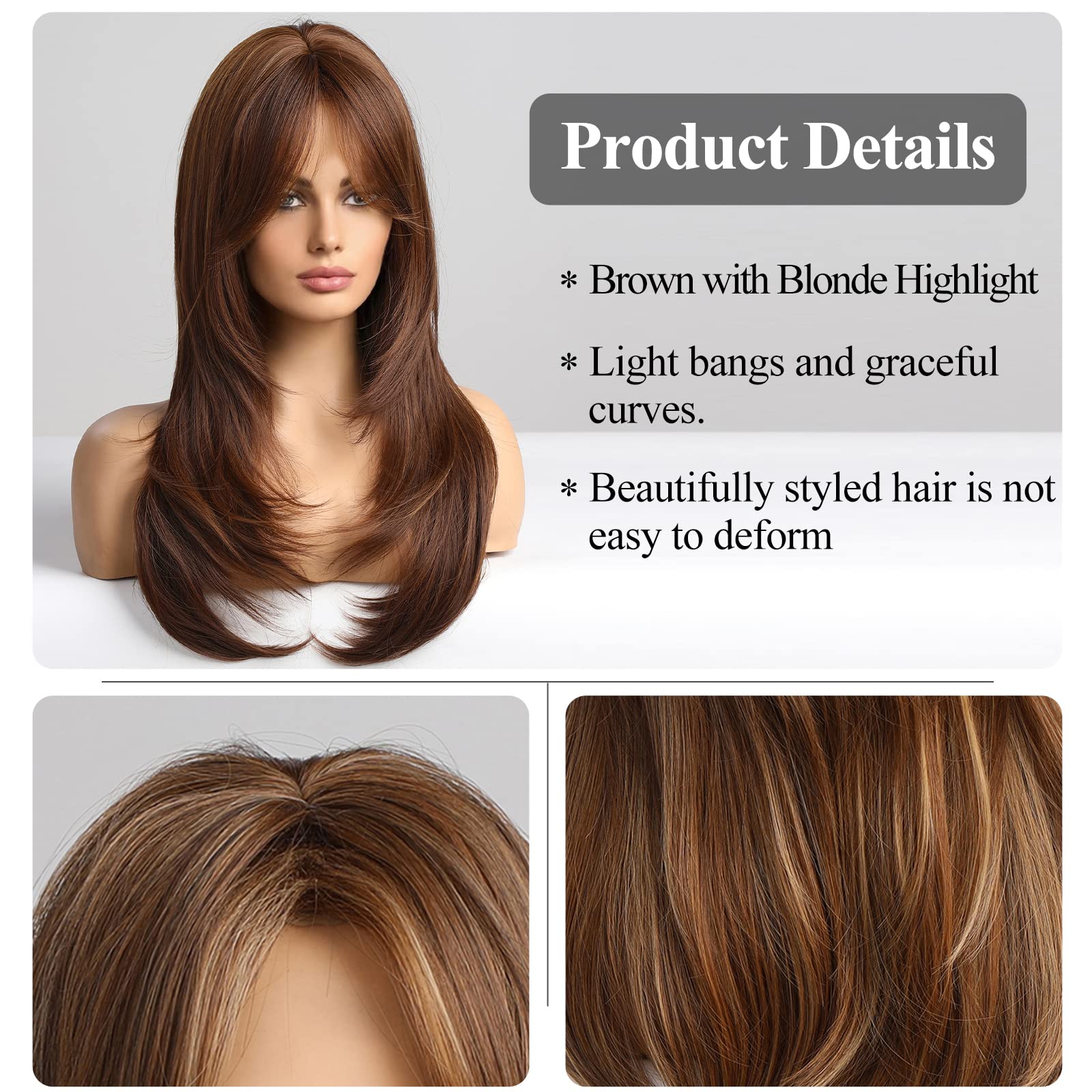 HAIRCUBE Auburn Wigs for Women,Long Layered Orange Wigs with Bangs Heat Resistant Synthetic Fibre Wigs(pelucas de cabello natural)