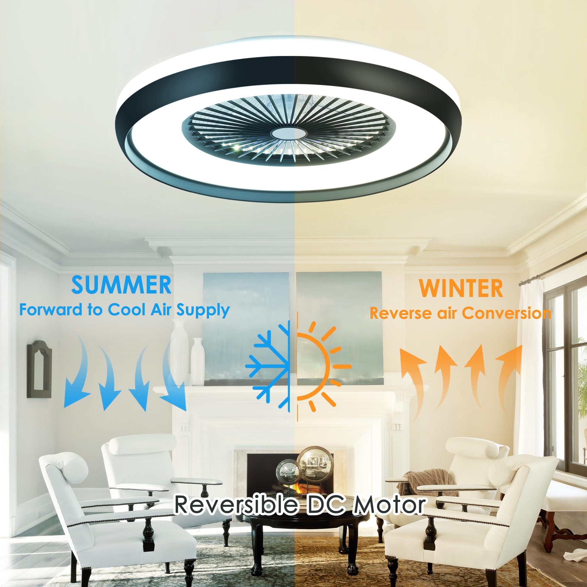 24" Bladeless Ceiling Fan with Light Remote, Smart LED Ceiling Fans with App Control, Modern Low Profile Dimmable Light Ceiling Fan for Bedroom Living Room Gold