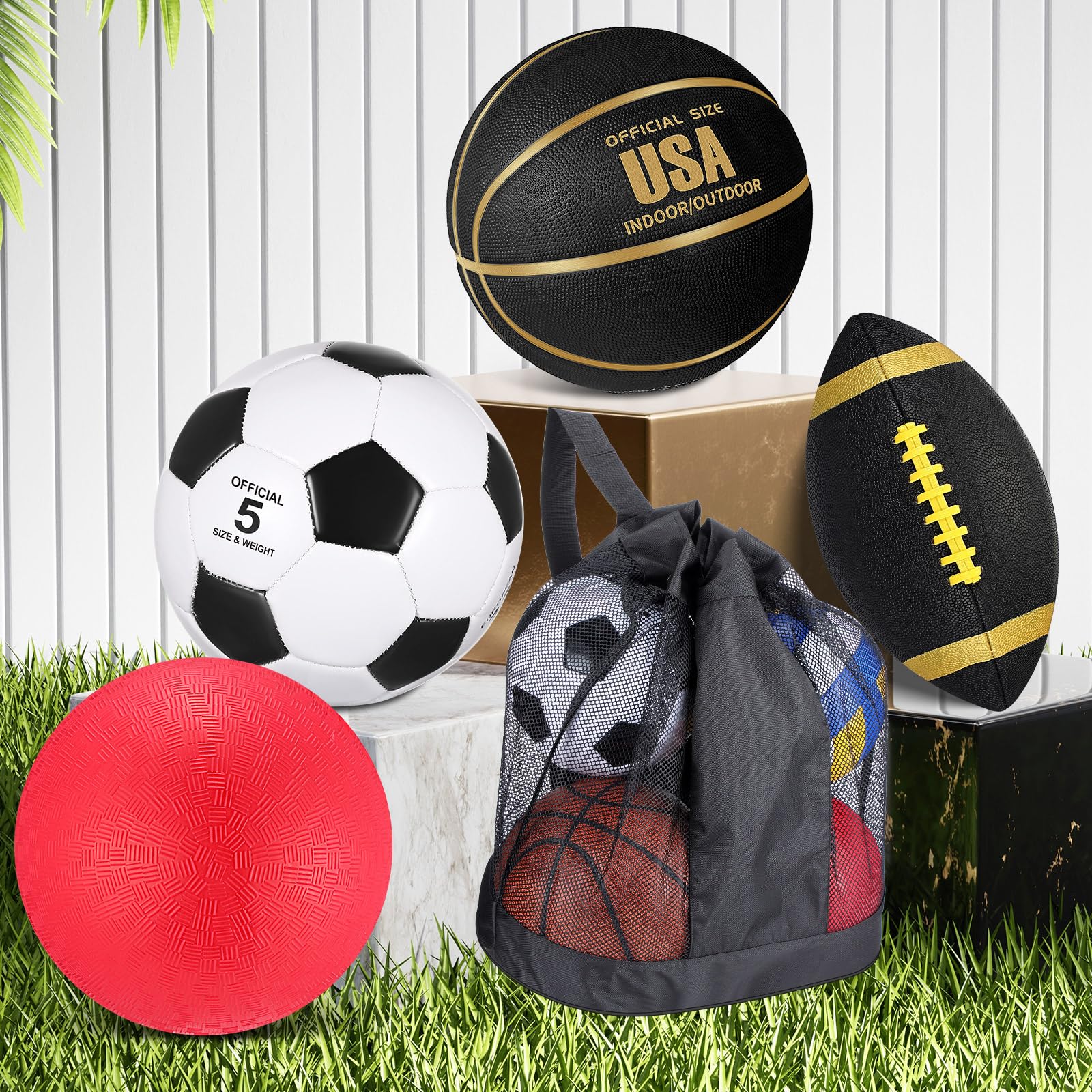Lenwen 4 Pcs Sports Balls Set for Teen Adult, Include Official Size Basketball Soccer Football Playground Ball Pump Equipment Bag Ball Gifts Back to School