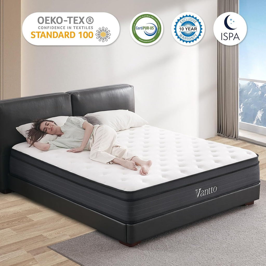 Vantto Queen Mattresses, 14 inch Hybrid Memory Foam Queen Bed Mattress in a Box, Pocket Spring for Motion Isolation, Pressure Relief, Silent Sleep, CertiPUR-US