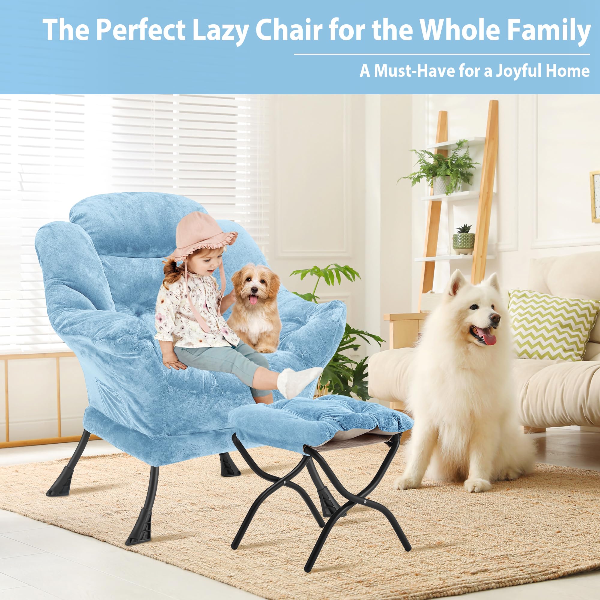 Youtanic Lazy Chair with Folding Ottoman, Accent Chair Velvet Upholstered with Metal Structure and Non-Slip Pads, Sofa Armchair with Footrest and Side Storage Bag for Dorm, Room, Office, Beige