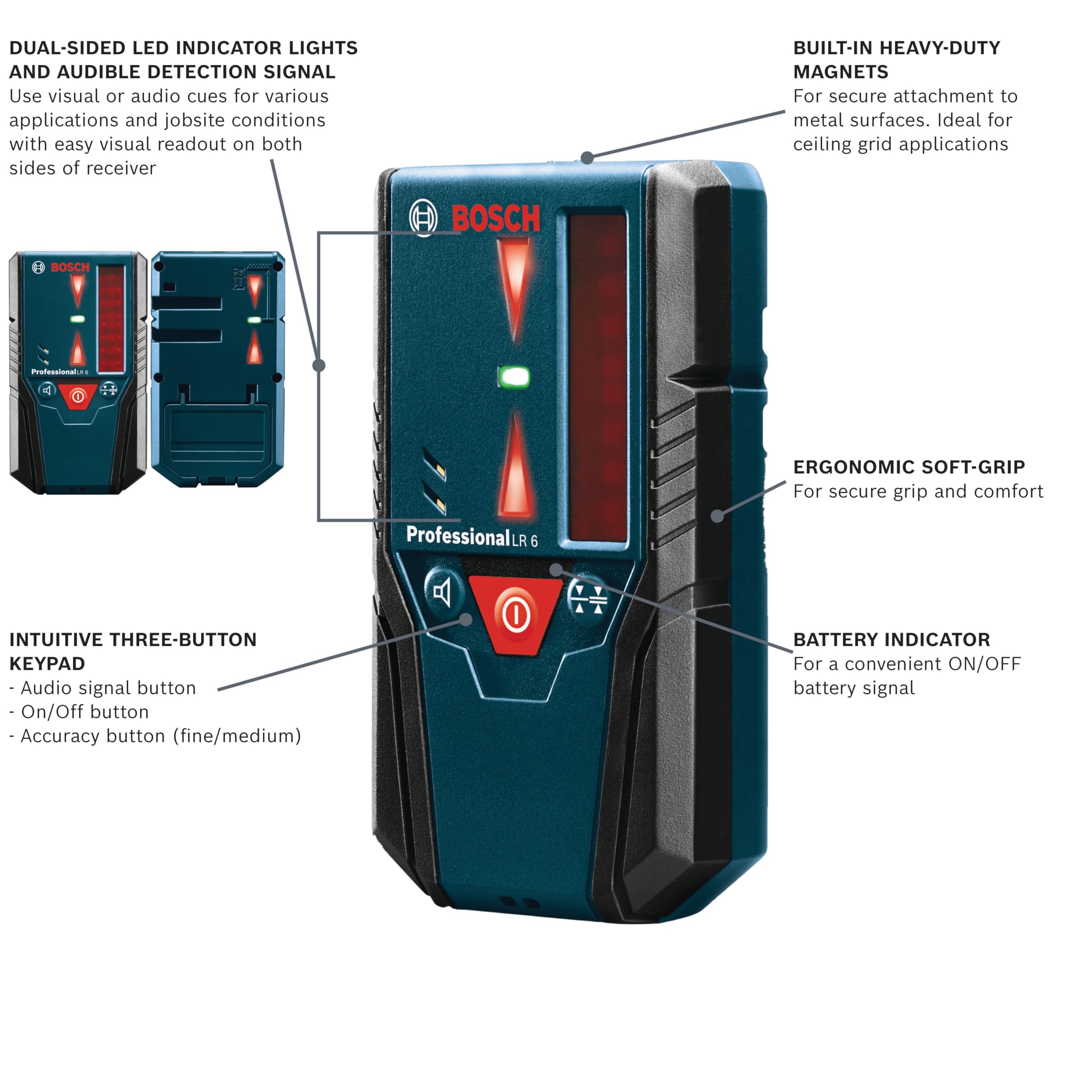 BOSCH LR1 500 Ft Green-Beam Rotary Laser Receiver, Includes Mounting Bracket & 9V Battery