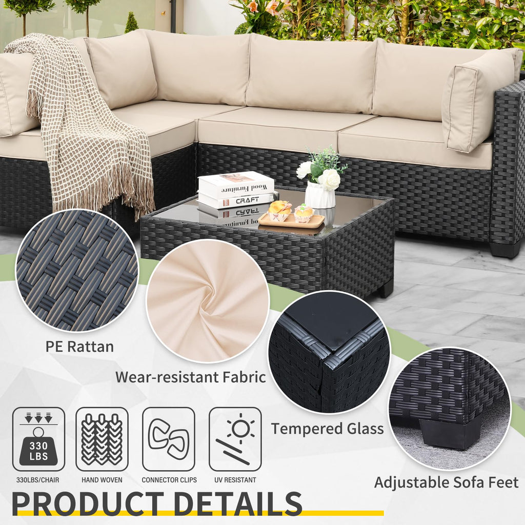 WAROOM Outdoor 5 Piece Patio Furniture Set, Black Rattan Conversation Couch Resin Wicker Sectional Sofa Outside Chair with Coffee Table, Grey Cushion