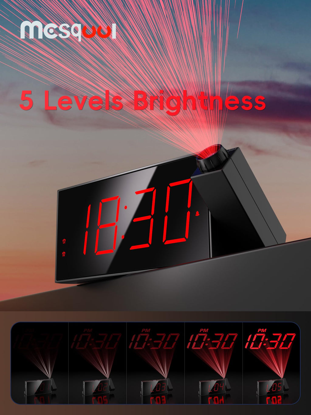 Digital Projection Alarm Clocks for Bedrooms - Large LED Display, 180° Rotatable Projector, 5-Level Dimmer,USB Charger,Battery Backup,Loud Dual Alarms for Kids Elderly,Heavy Sleepers,Snooze,12/24H,DST