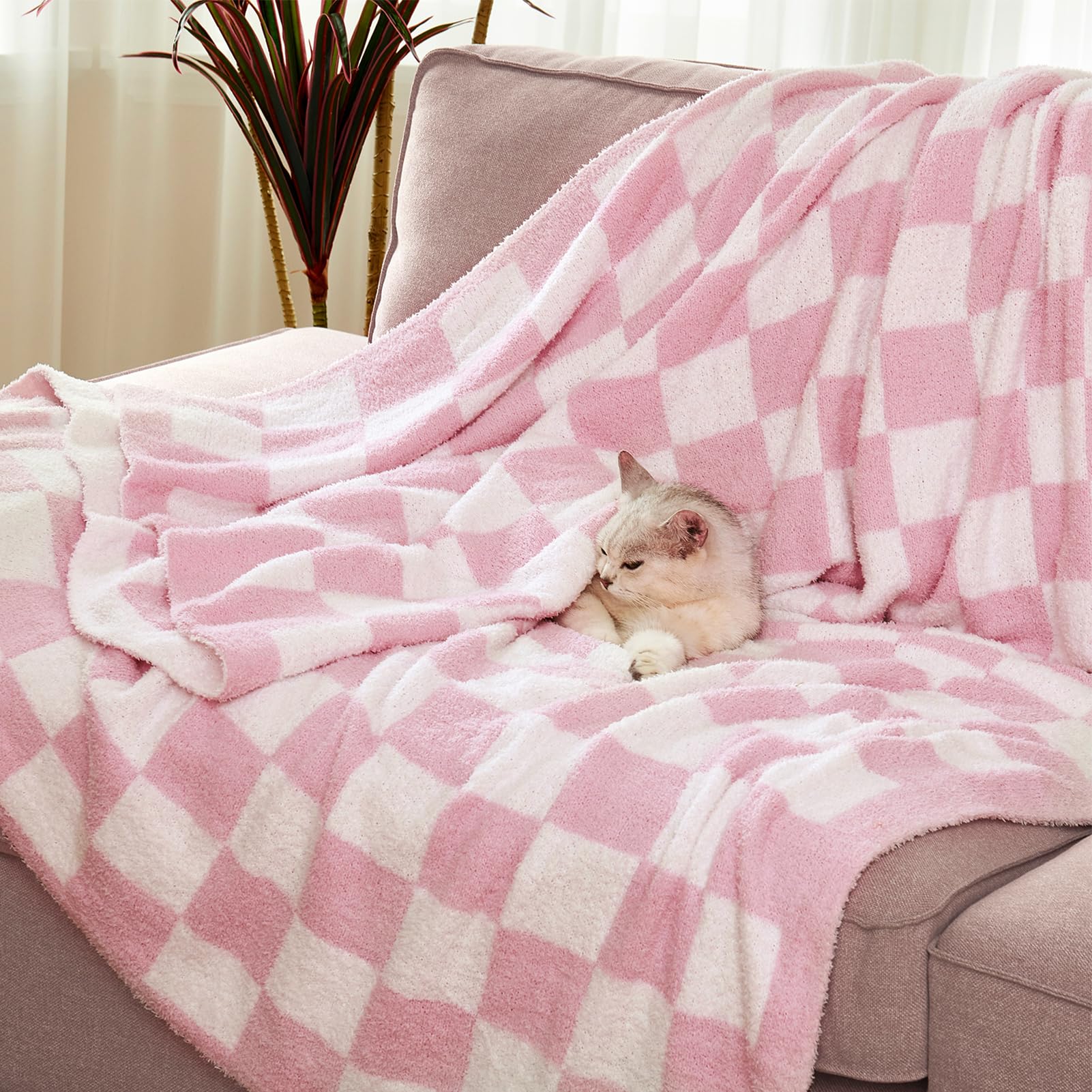 Checkered Throw Blanket, Black Soft Cozy Fluffy Knitted Throw Blankets for Couch, Sofa, Bed, Chair, Warm Fuzzy Travel Picnic Lightweight Plaid Blanket, 50x70 inches