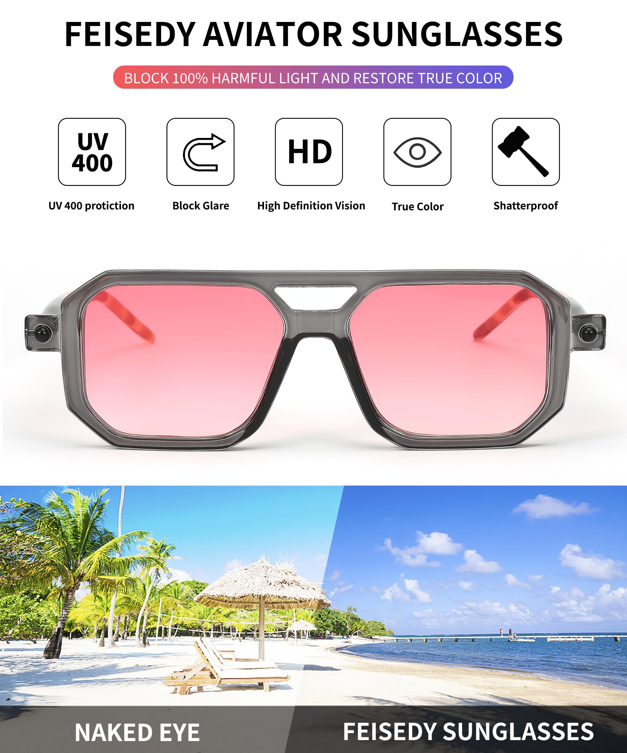 FEISEDY Vintage Square 70s Flat Aviator Sunglasses Women Men Classic Retro Stylish Frame UV400 Sunglasses B2622