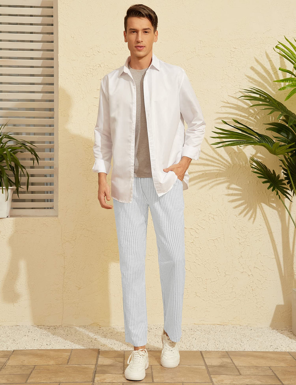 iWoo Linen Pants Men Casual 2025 Summer Beach Elastic Drawstring Waist Yoga Pants Travel Baggy Work Pant Pajama
