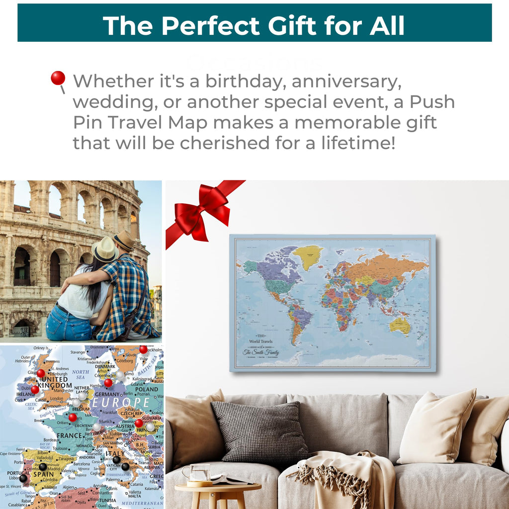 Personalized Canvas Rolled Poster World Map Wall Art with Pins – Large 24" x 36" Blue Oceans Map of the World – Push Pin Travel Decor for Home or Office