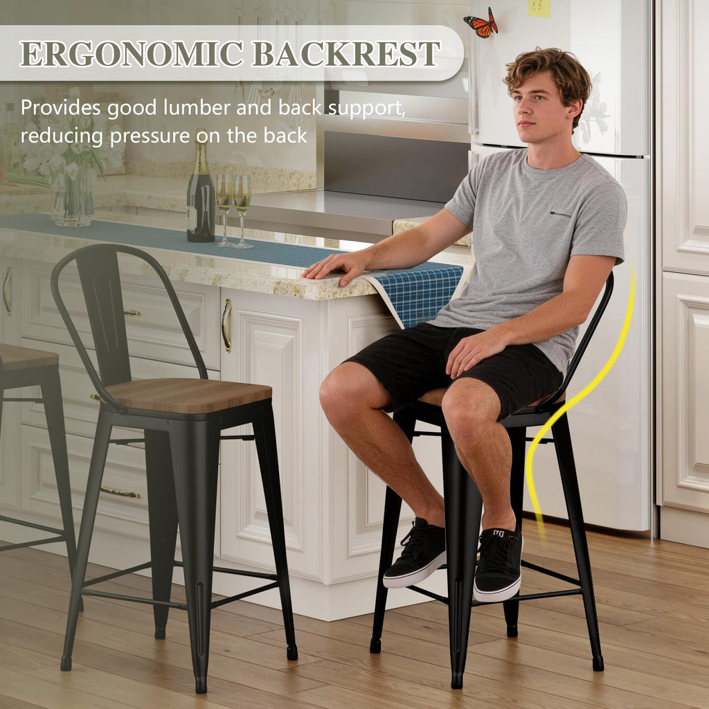 Barstools Set of 4 Counter Height Bar Stools for Kitchen Island Farmhouse Metal High Back Bar Chairs Wooden Seat 24" Matte Black