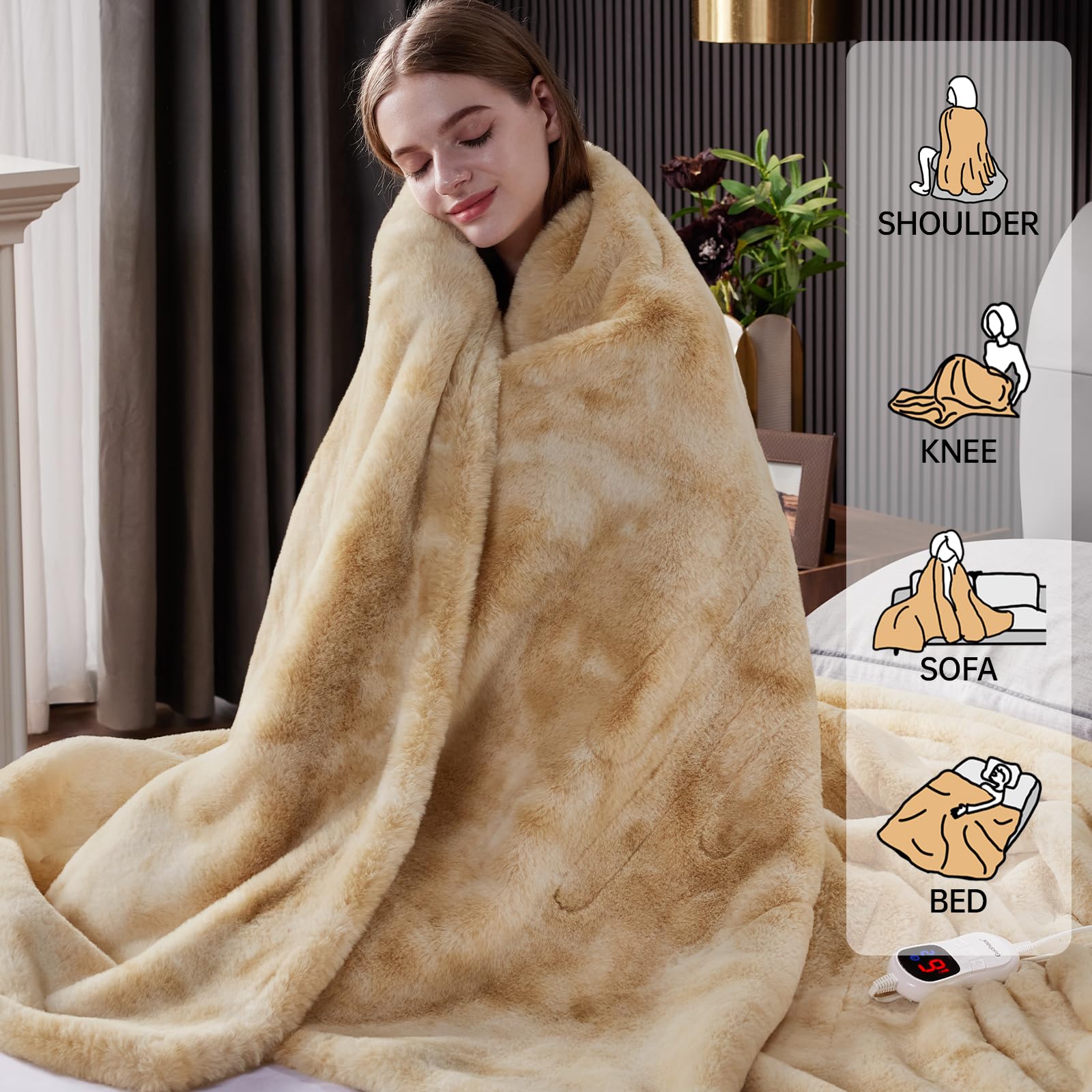 Guohaoi Heated Blanket Electric Throw, Soft Faux Rabbit Fur Electric Blanket with 10 Heating Levels 5 Sitting Timer Auto Off, Cozy Warm Heating Blankets, Machine Washable(50"×60" Beige)