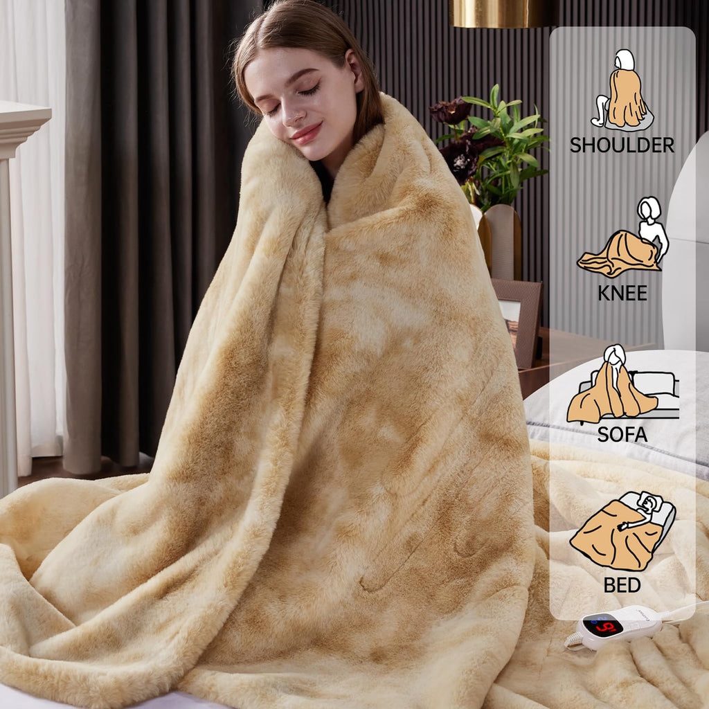 Guohaoi Heated Blanket Electric Throw, Soft Faux Rabbit Fur Electric Blanket with 10 Heating Levels 5 Sitting Timer Auto Off, Cozy Warm Heating Blankets, Machine Washable(50"×60" Beige)