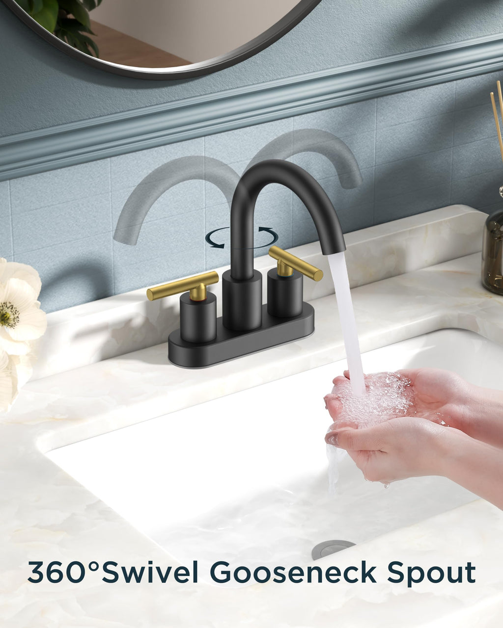 FORIOUS 4" Brushed Gold Bathroom Faucet Centerset 4 Inch, 2 Handle 2 Hole Gold Faucets for Bathroom Vanity wtih Metal Pop Up Dain, CUPC Supply Hose, High Arc Swivel Spout