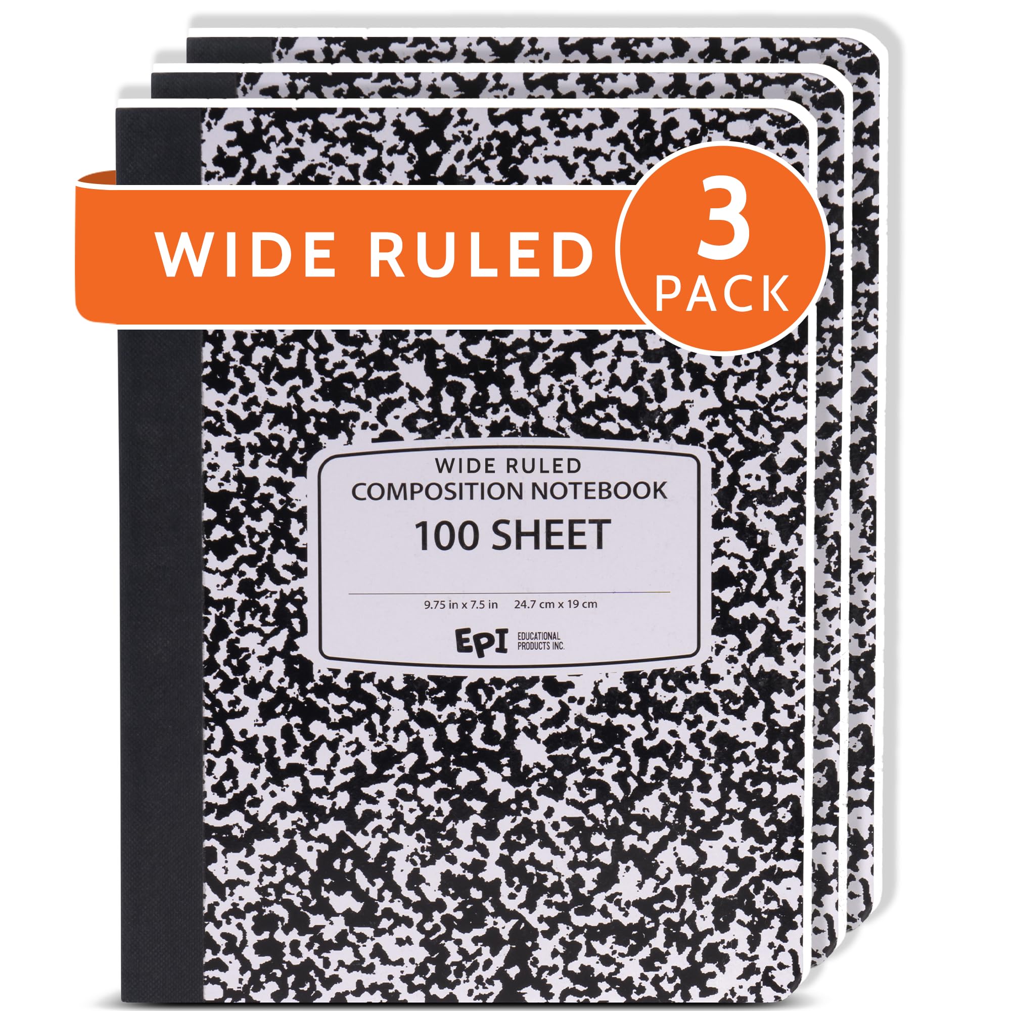 3 Pack - EPI Marble Hardcover Wide Ruled Composition Notebook | 200 Pages (100 Sheets), 9.75 x 7.5 in, Sturdy Sewn Binding | School, Office, Journaling, Notes
