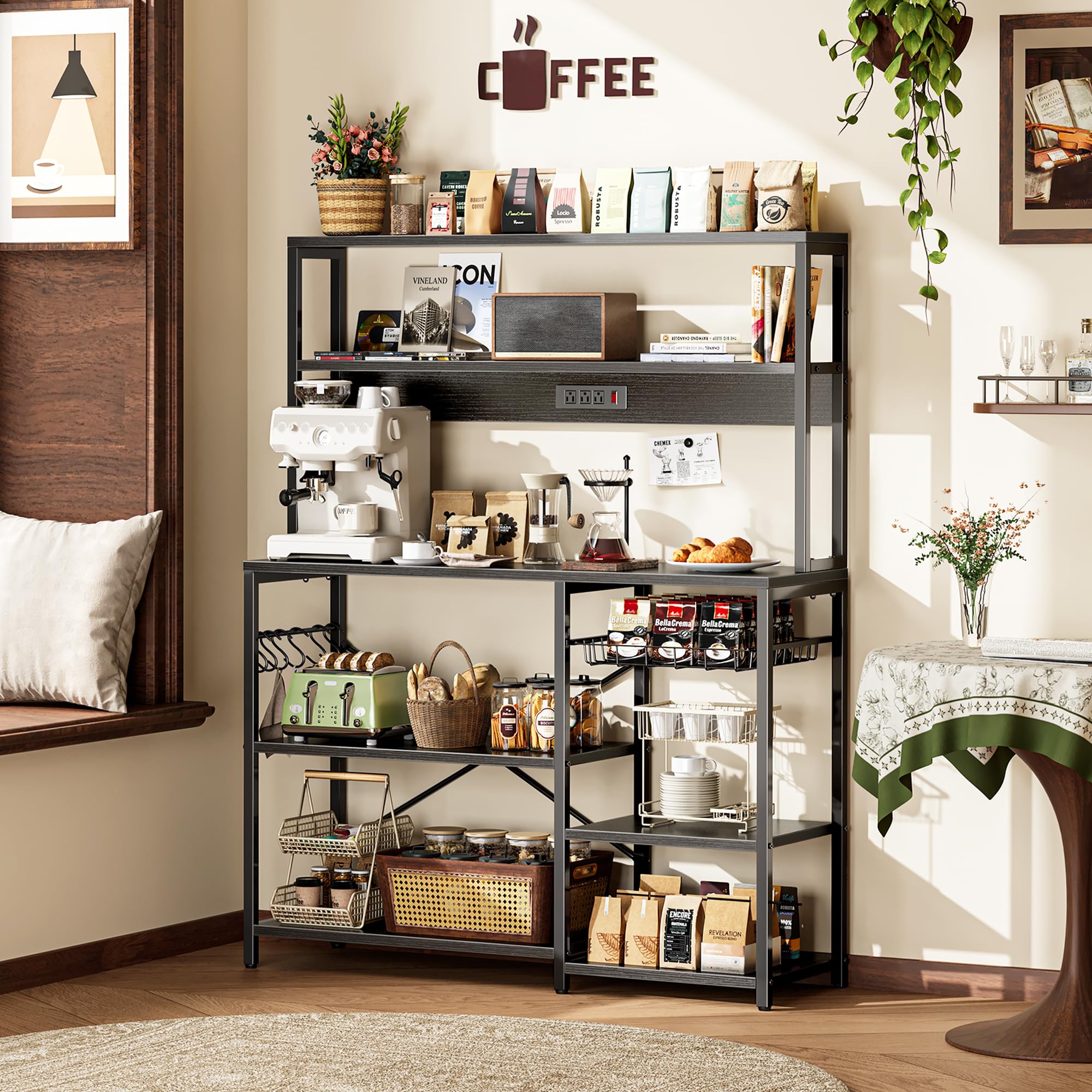 SUPERJARE Bakers Rack with Power Outlet, 35.4 Inches Coffee Bar with Wire Basket, Kitchen Microwave Stand with 6 S-Shaped Hooks, Open Storage Shelves, Black