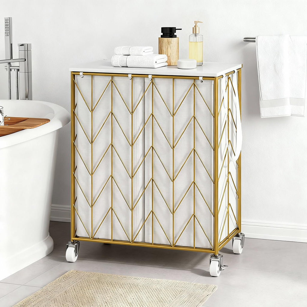 WOWLIVE Laundry Basket with Wheels, Heavy Duty Laundry Hamper with Wood Lid, Clothes Hamper with Divided Removable Liner Bag, Large Capacity Iron-Made Laundry Sorter Laundry Room Organization (Beige)