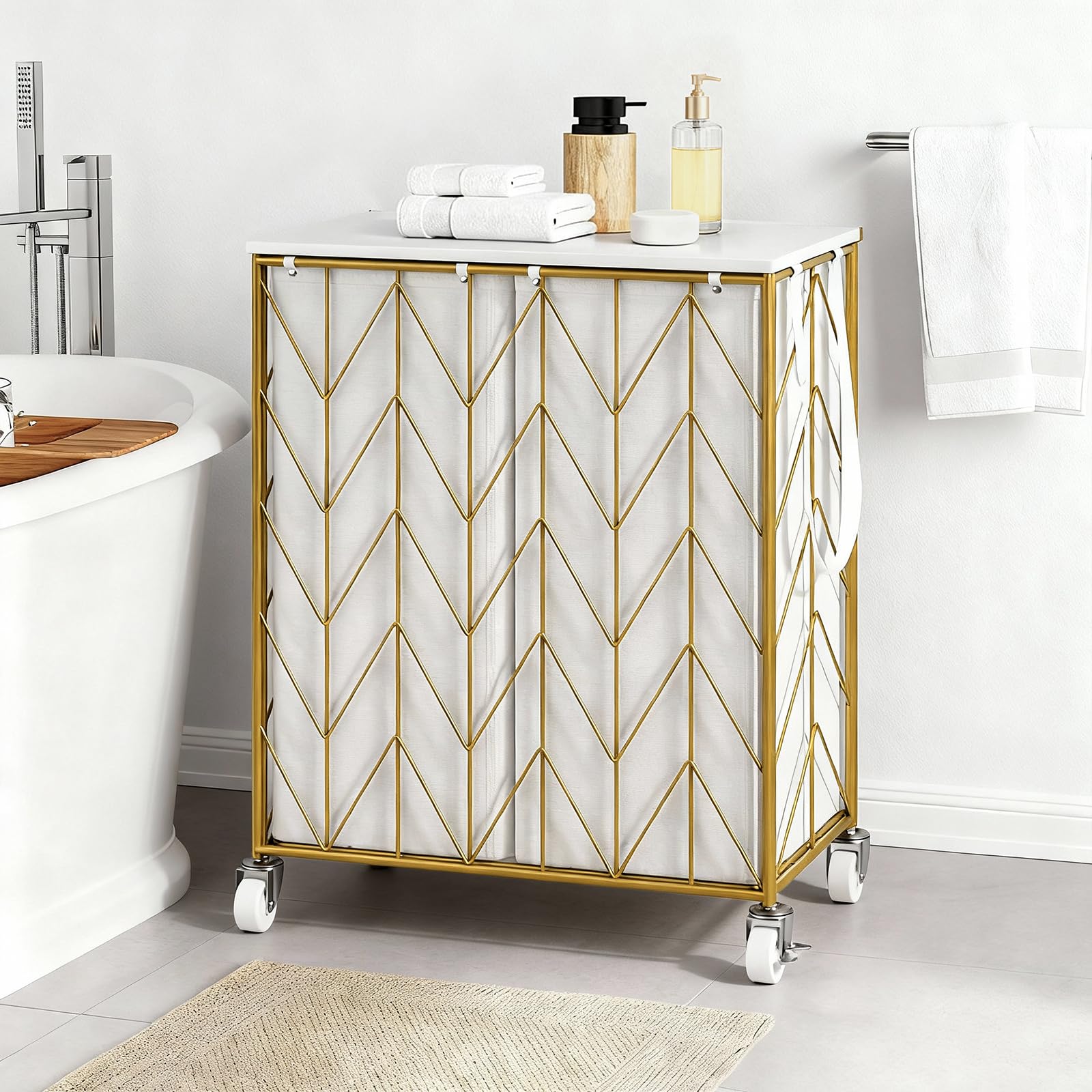 WOWLIVE Laundry Basket with Wheels, Heavy Duty Laundry Hamper with Wood Lid, Clothes Hamper with Divided Removable Liner Bag, Large Capacity Iron-Made Laundry Sorter Laundry Room Organization (Beige)