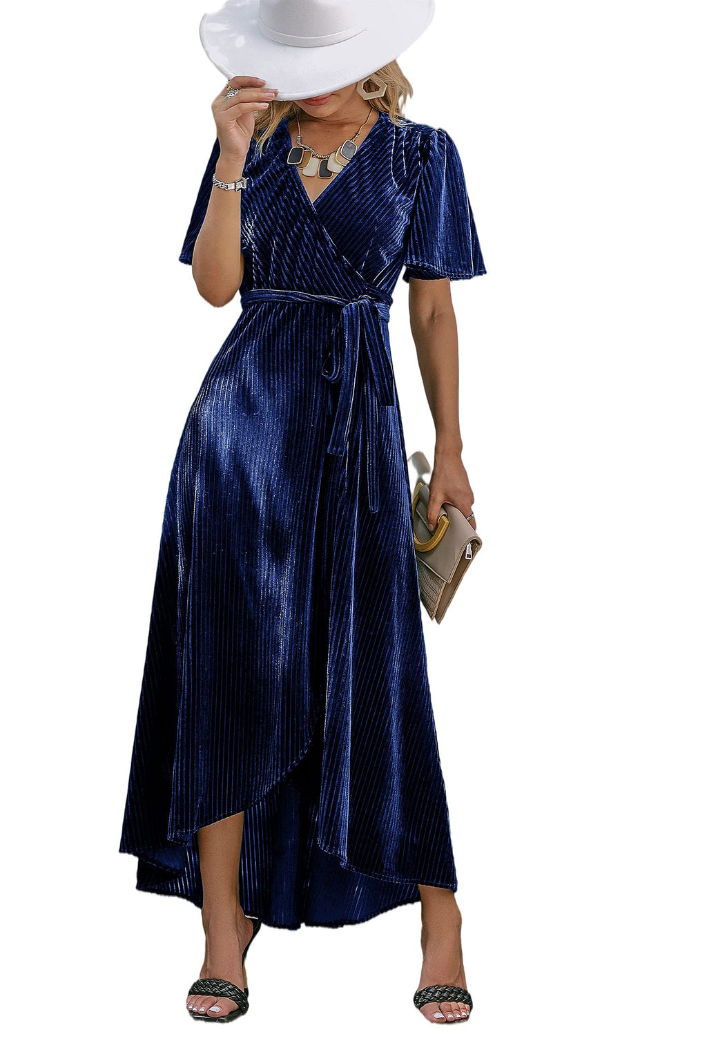 BerryGo Women's Velvet V Neck Wrap Semi Formal Dress Cocktail Party Maxi Dress for Wedding Guest