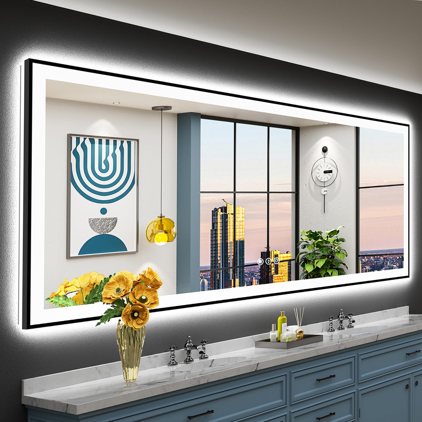 24x32 Black Framed LED Bathroom Mirror with Lights, Backlit and Front Lit Anti-Fog Lighted Vanity Mirrors for Bathroom Wall, Dimmable, 3 Colors, Memory, HD Tempered Glass, Horizontal/Vertical
